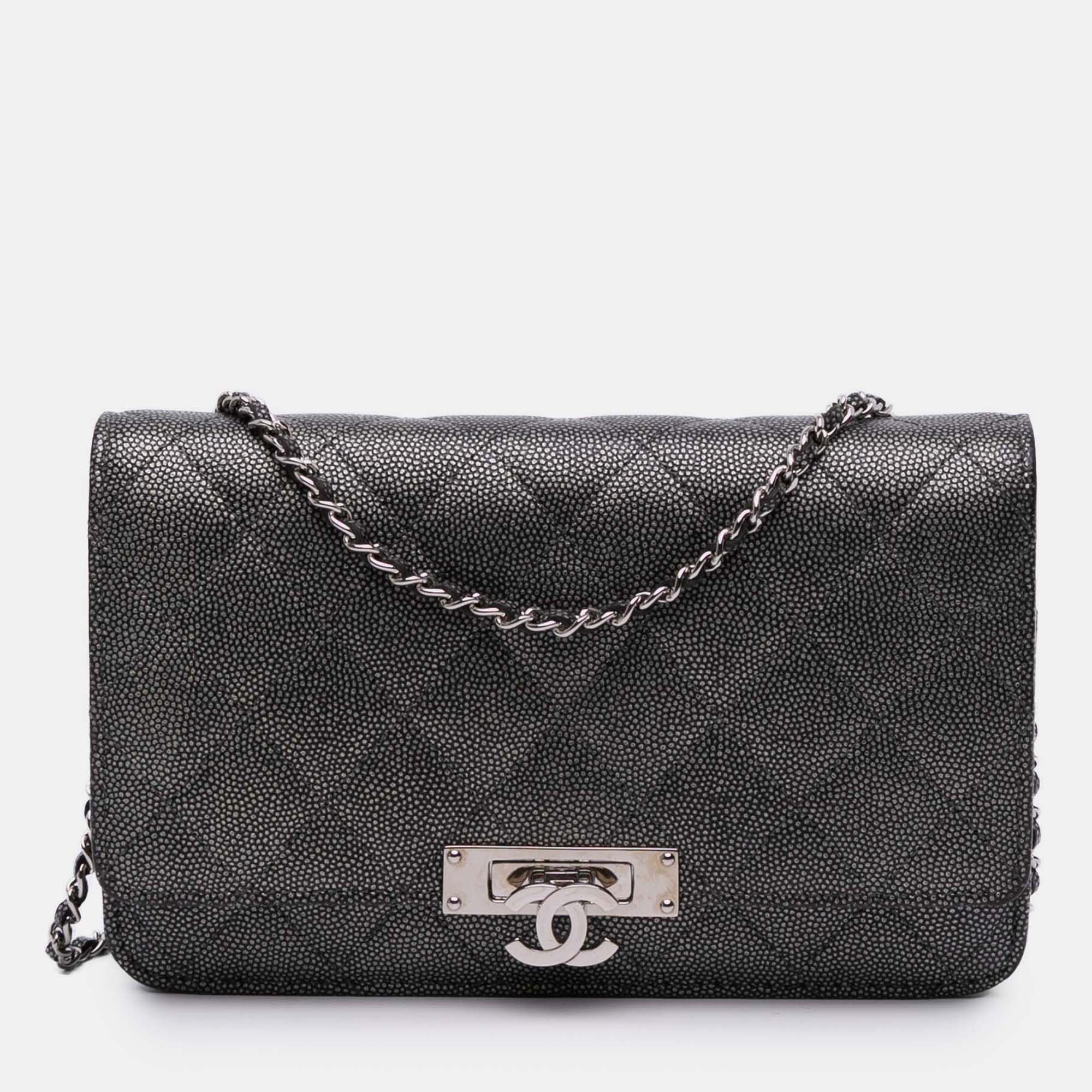 

Chanel Black Quilted Metallic Caviar Golden Class Wallet On Chain