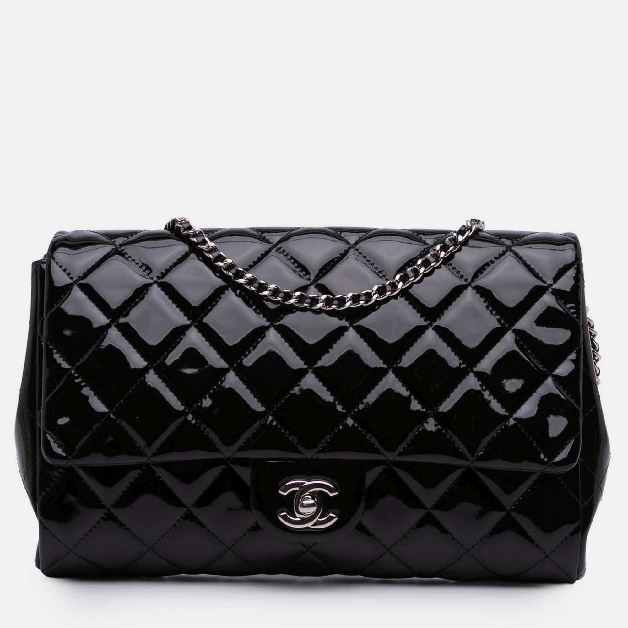 

Chanel Black CC Quilted Patent Clutch With Chain