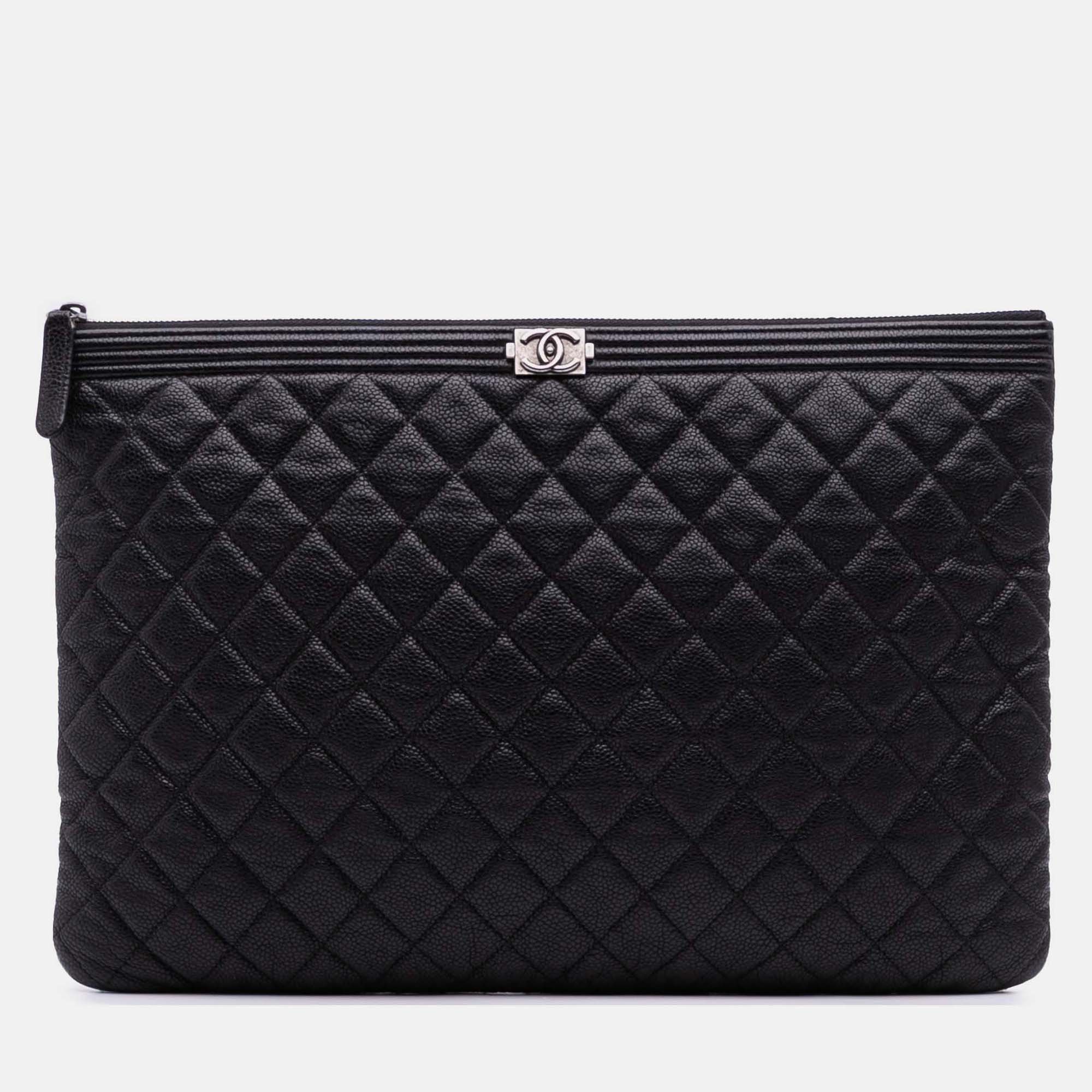 

Chanel Black Large Quilted Caviar Boy O Case Clutch