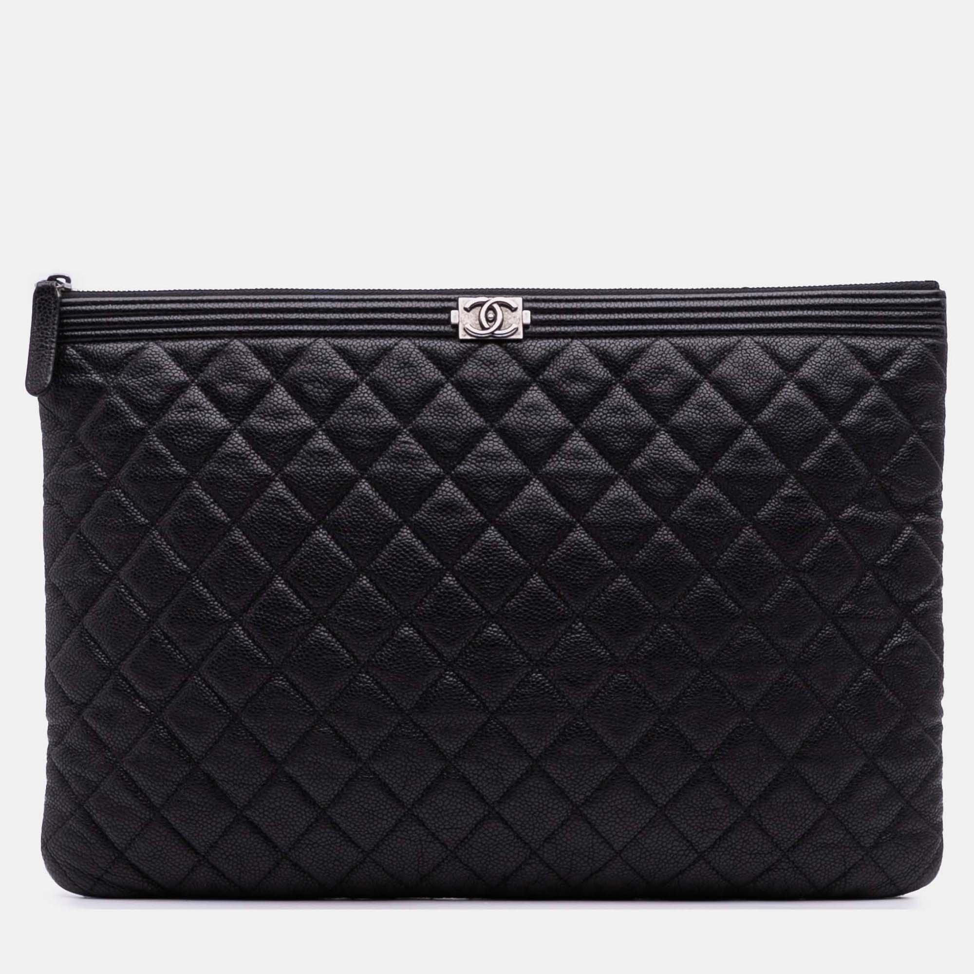

Chanel Black Large Quilted Caviar Boy O Case Clutch