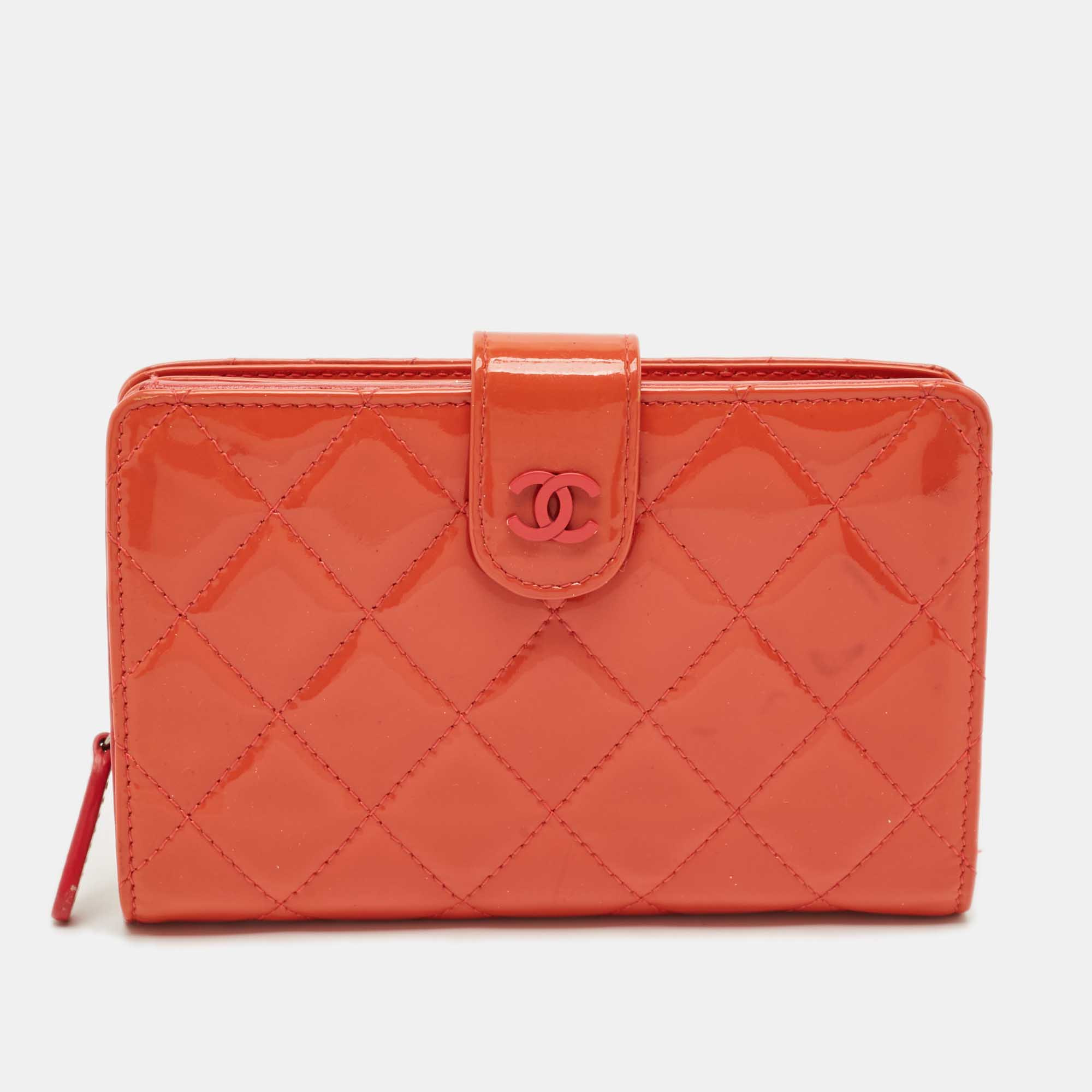 

Chanel Orange Quilted Patent Leather CC French Wallet