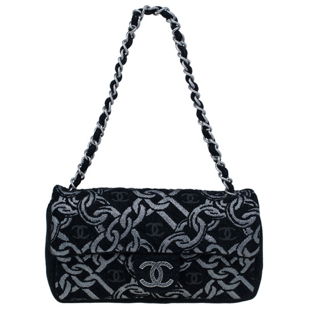 Pre Owned Chanel Black and Silver Tweed Cruise Collection Chain Flap Bag