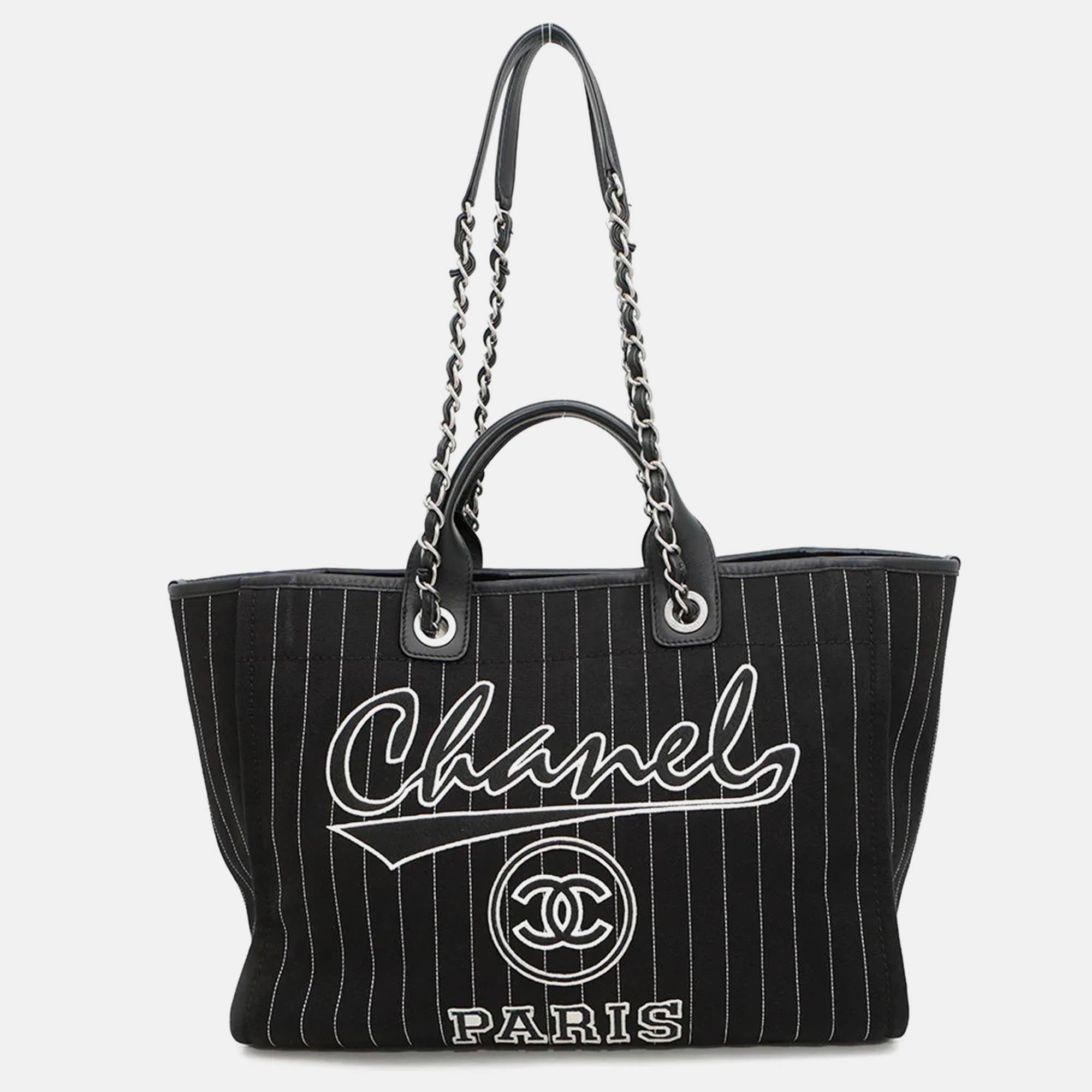 

Chanel Deauville MM Black White Canvas Leather Tote Bag