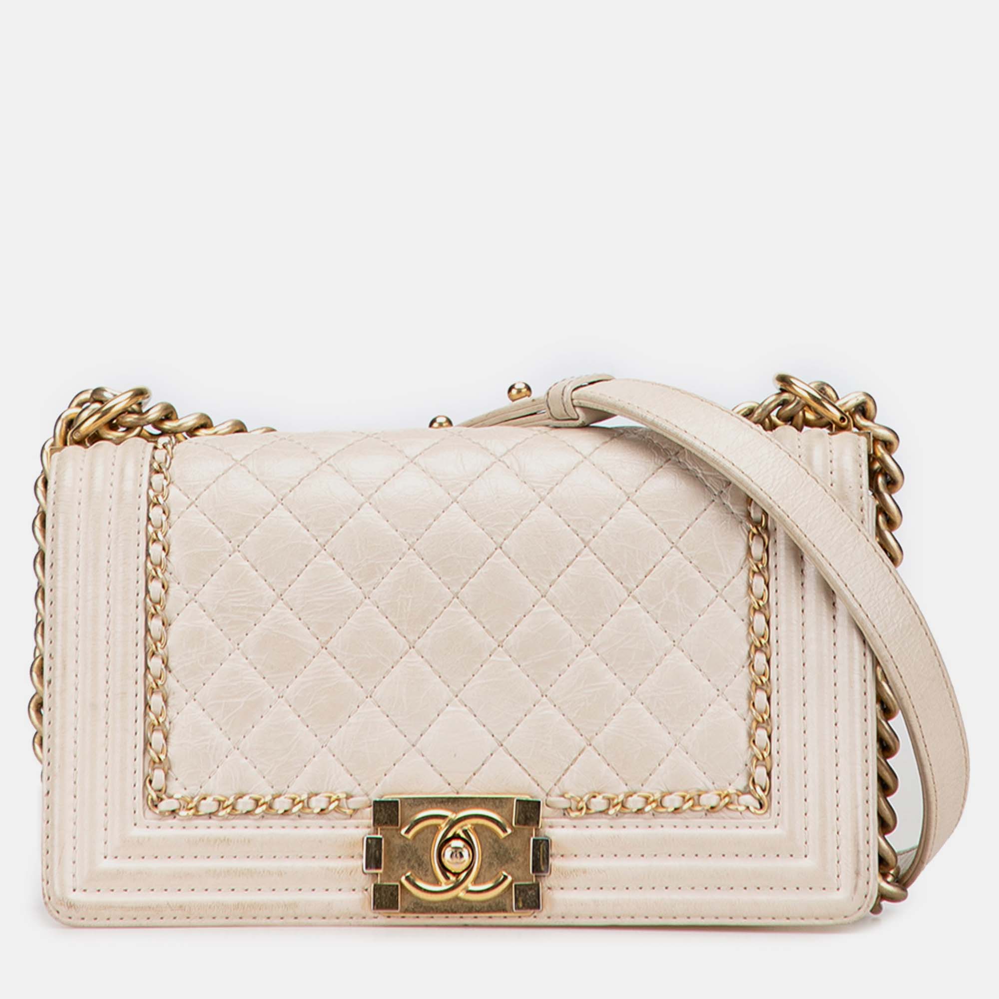 

Chanel White Old Medium Quilted Aged Calfskin Jacket Boy Flap