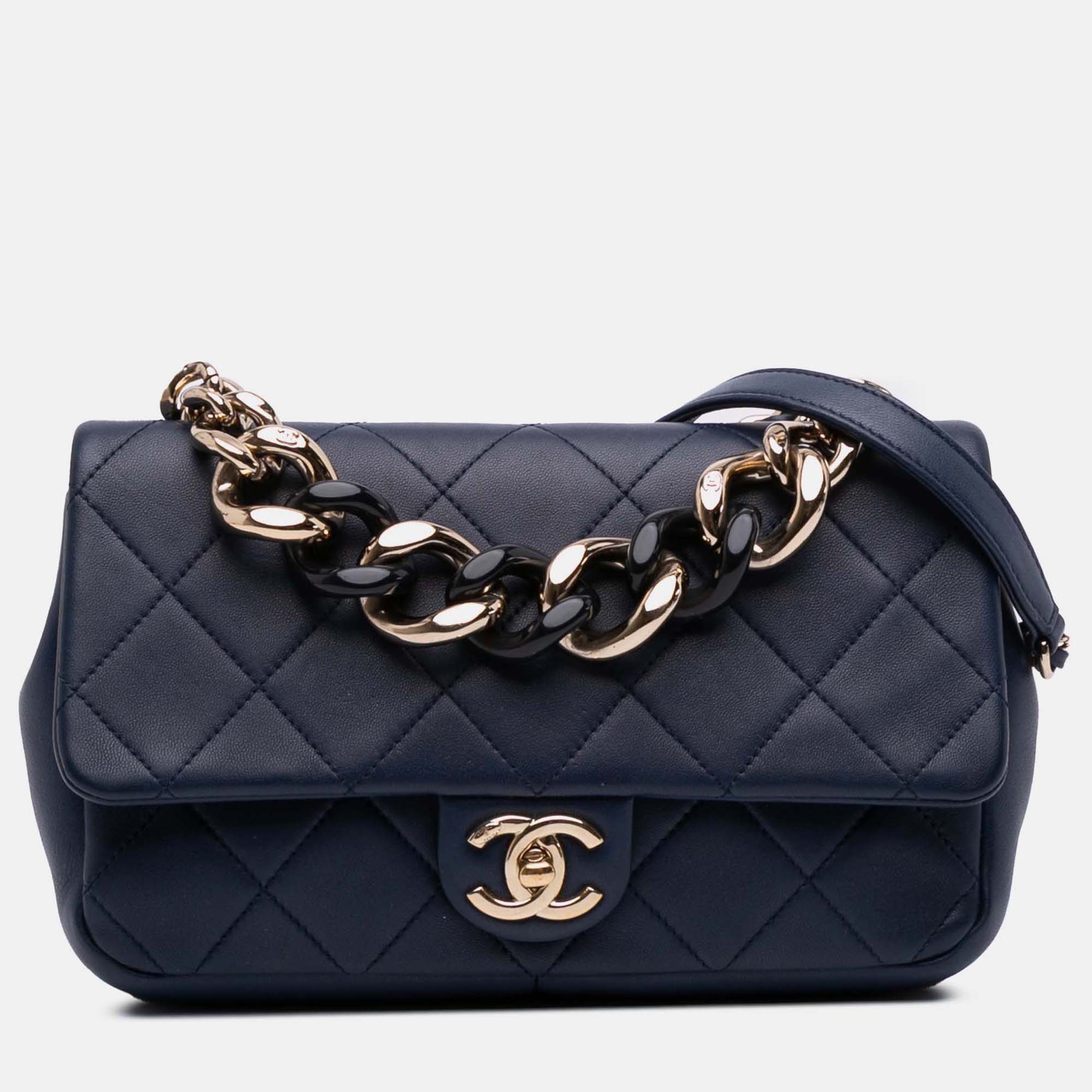 

Chanel Blue Small Lambskin Elegant Chain Single Flap