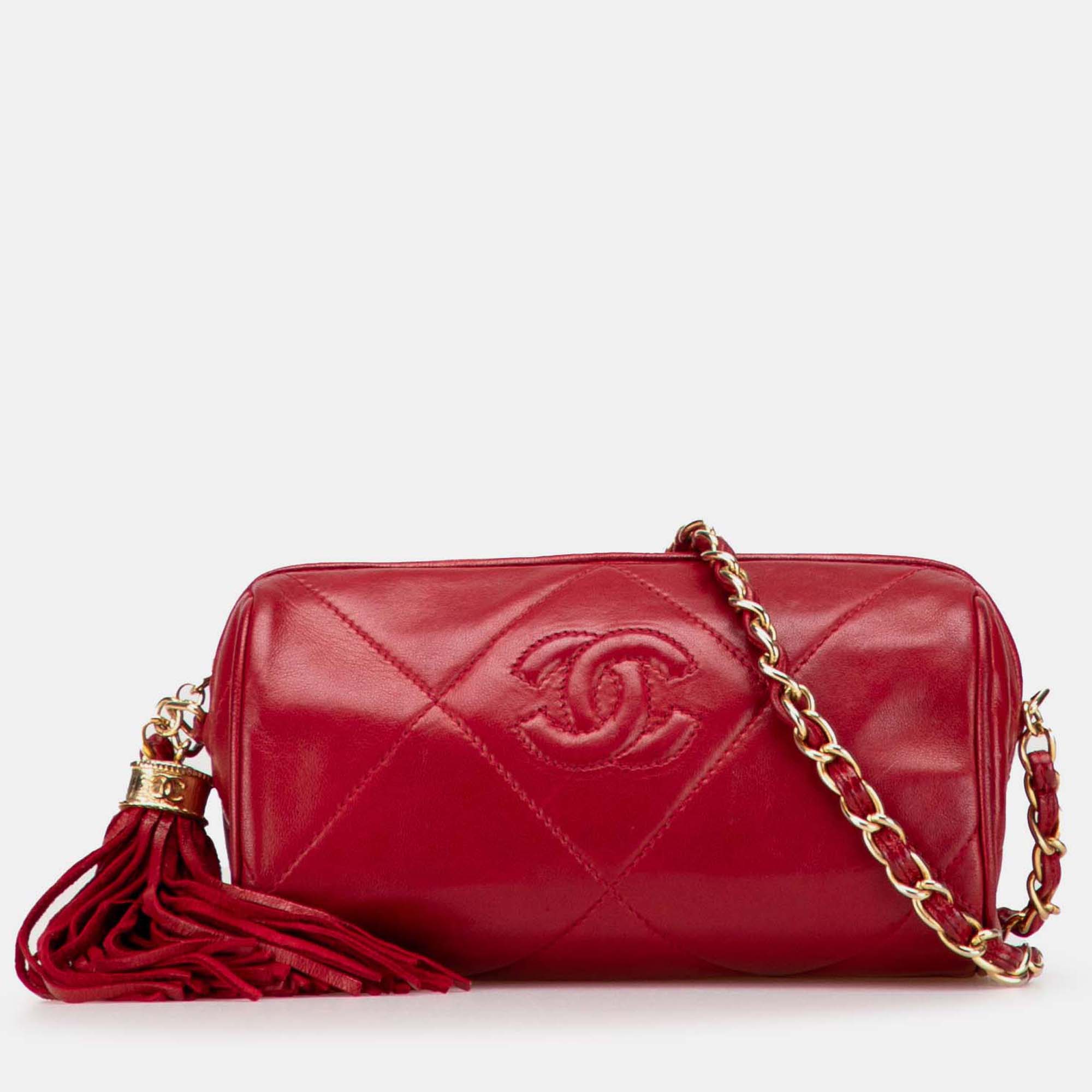 

Chanel Red Mini Quilted Lambskin Tassel Barrel Crossbody