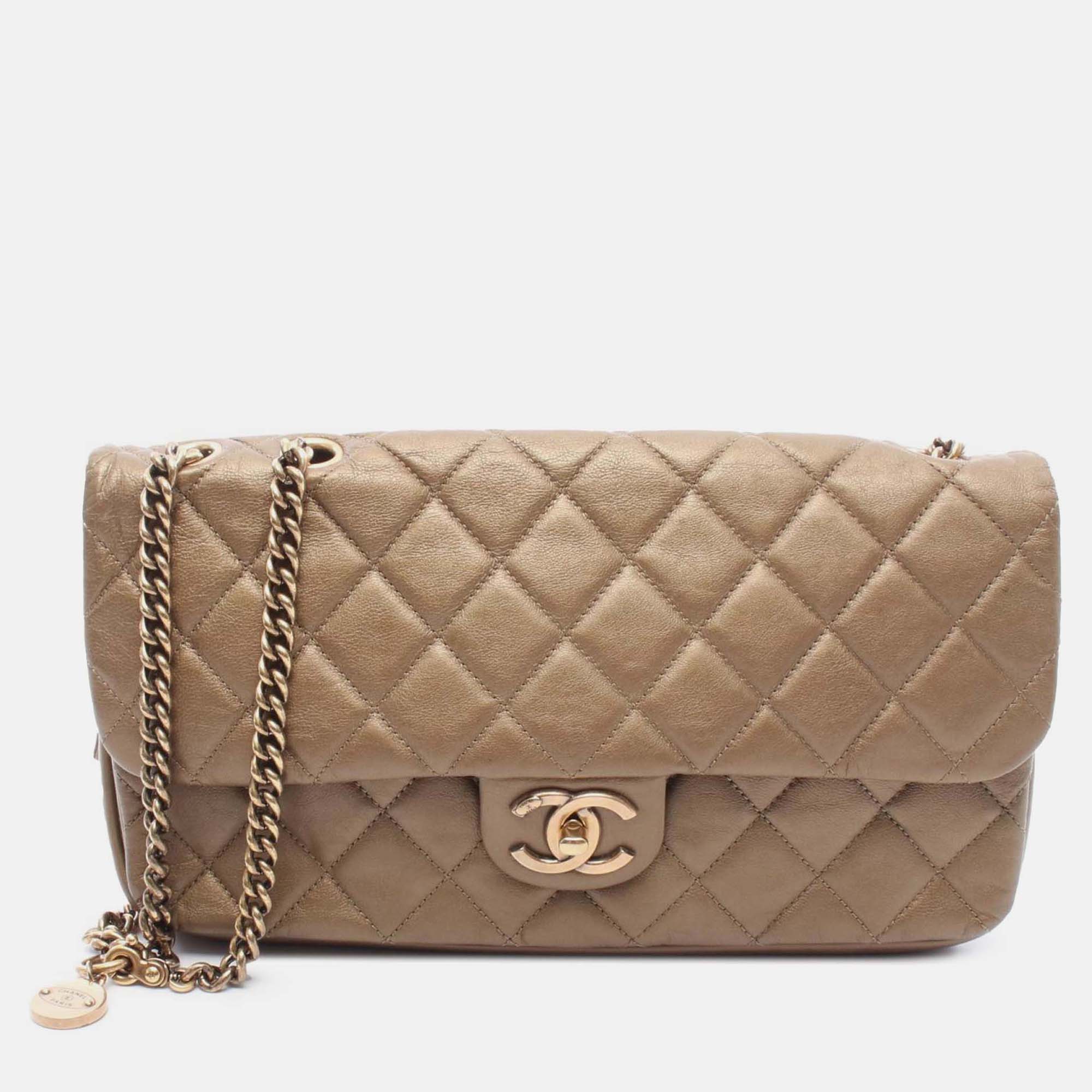 

Chanel Brown Medium Quilted Metallic Lambskin CC Crown Flap