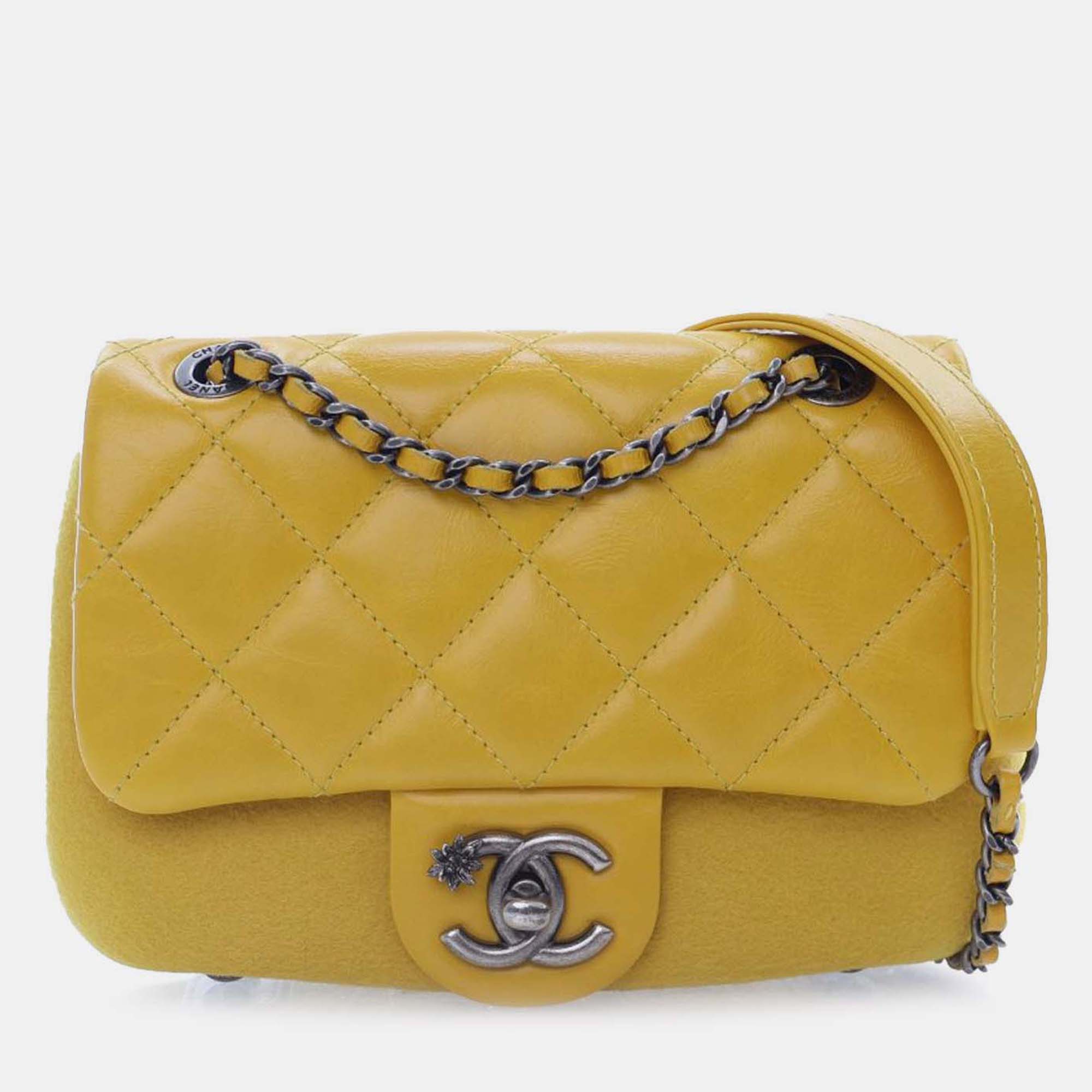 

Chanel Yellow Mini Square CC Quilted Lambskin and Suede Single Flap