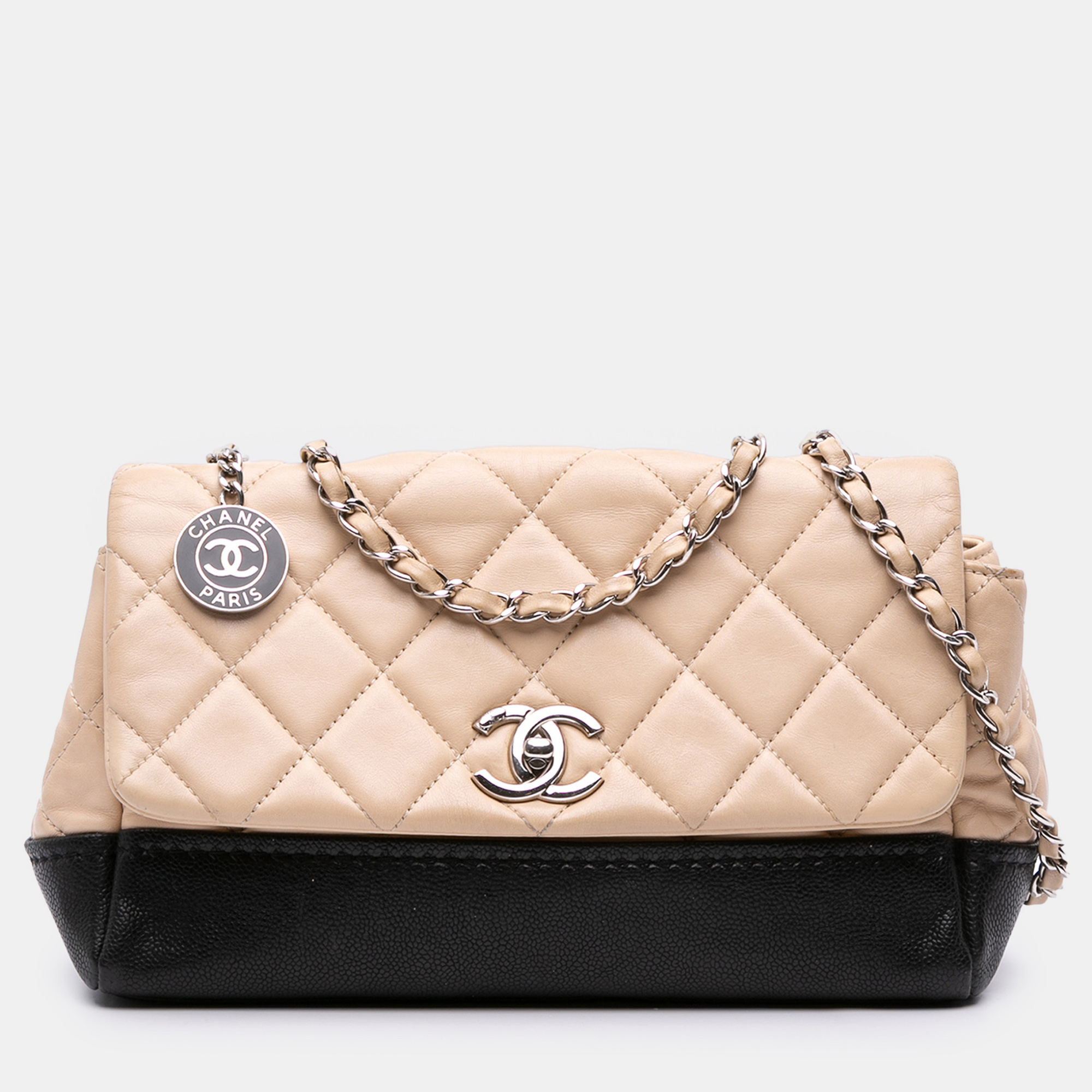 

Chanel Beige Black CC Bicolor Quilted Calfskin and Caviar Single Flap