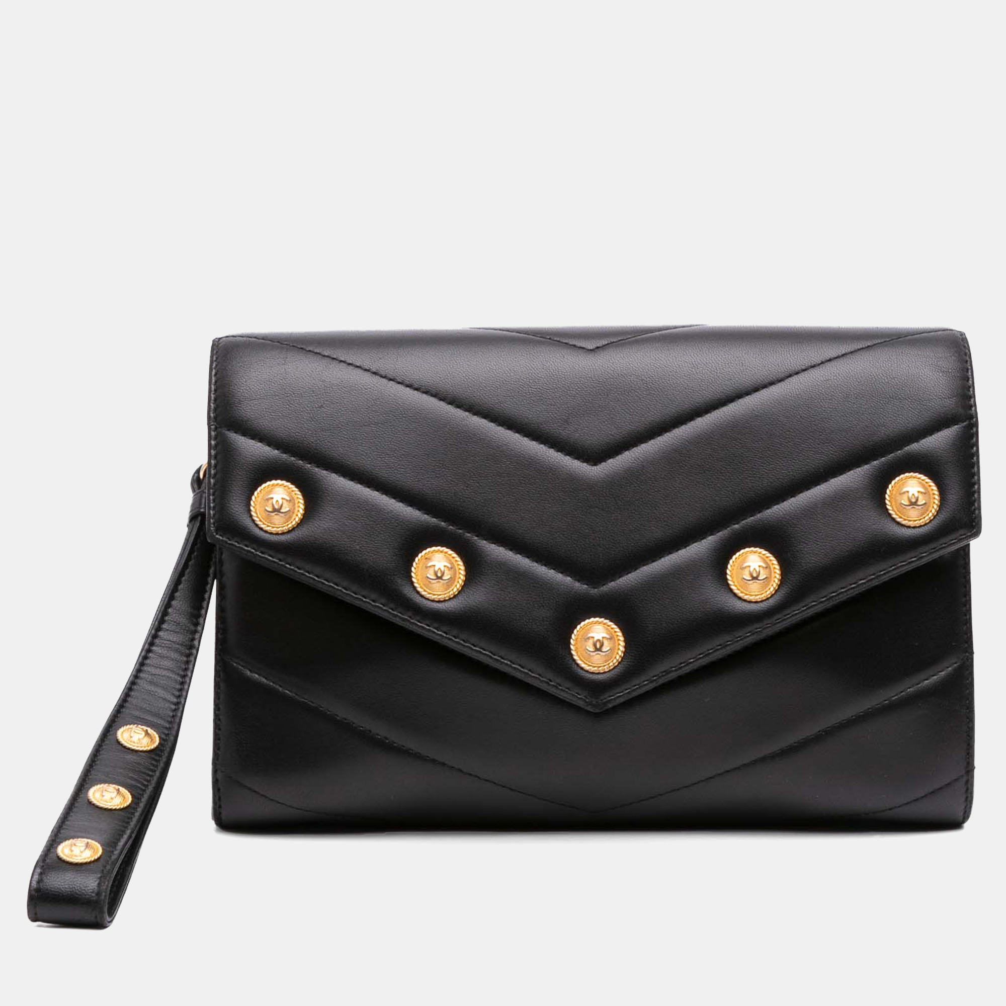 Pre-owned Chanel Black Chevron Lambskin Cc Medallion Button Flap Clutch