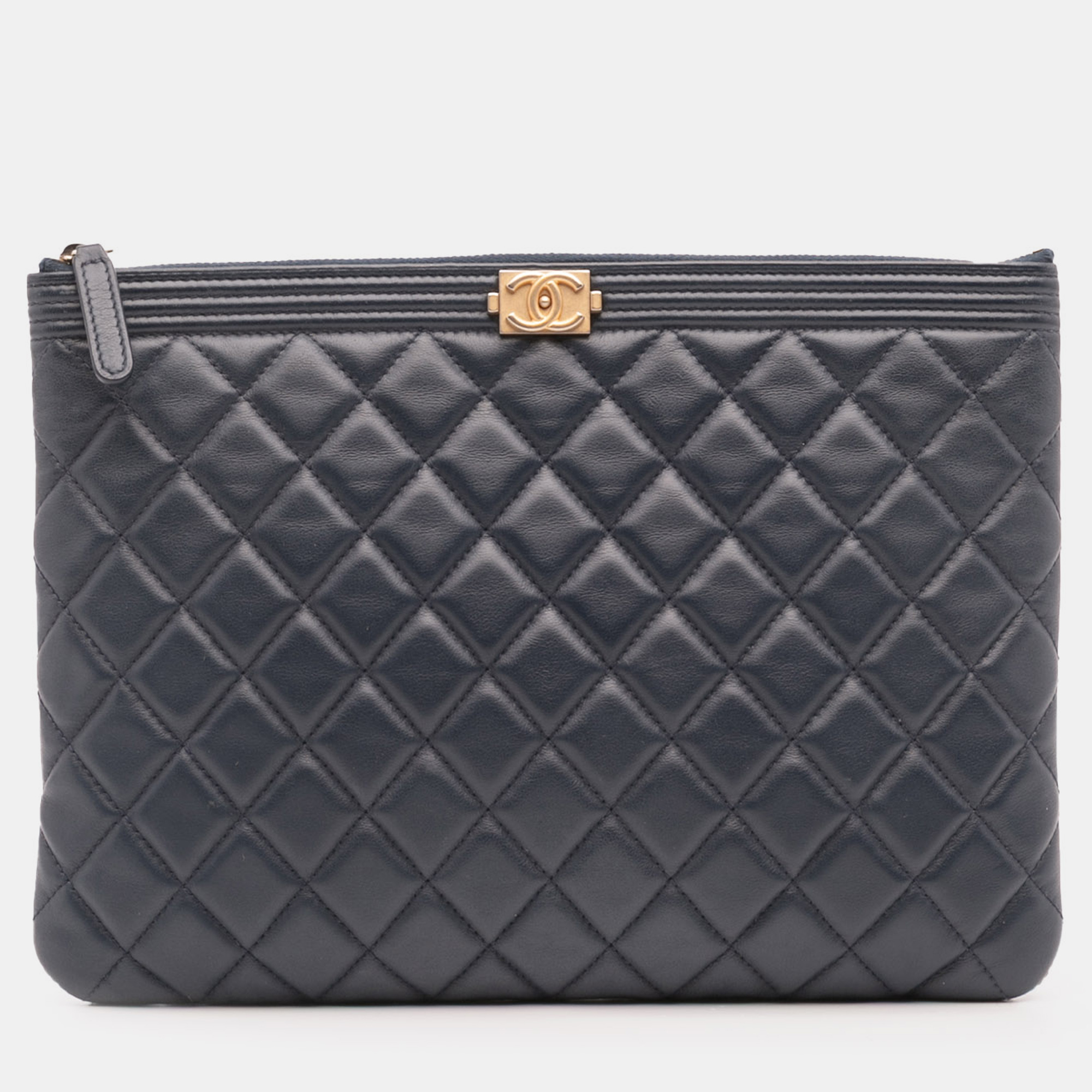 Pre-owned Chanel Navy Blue Medium Quilted Lambskin Boy O Case Clutch
