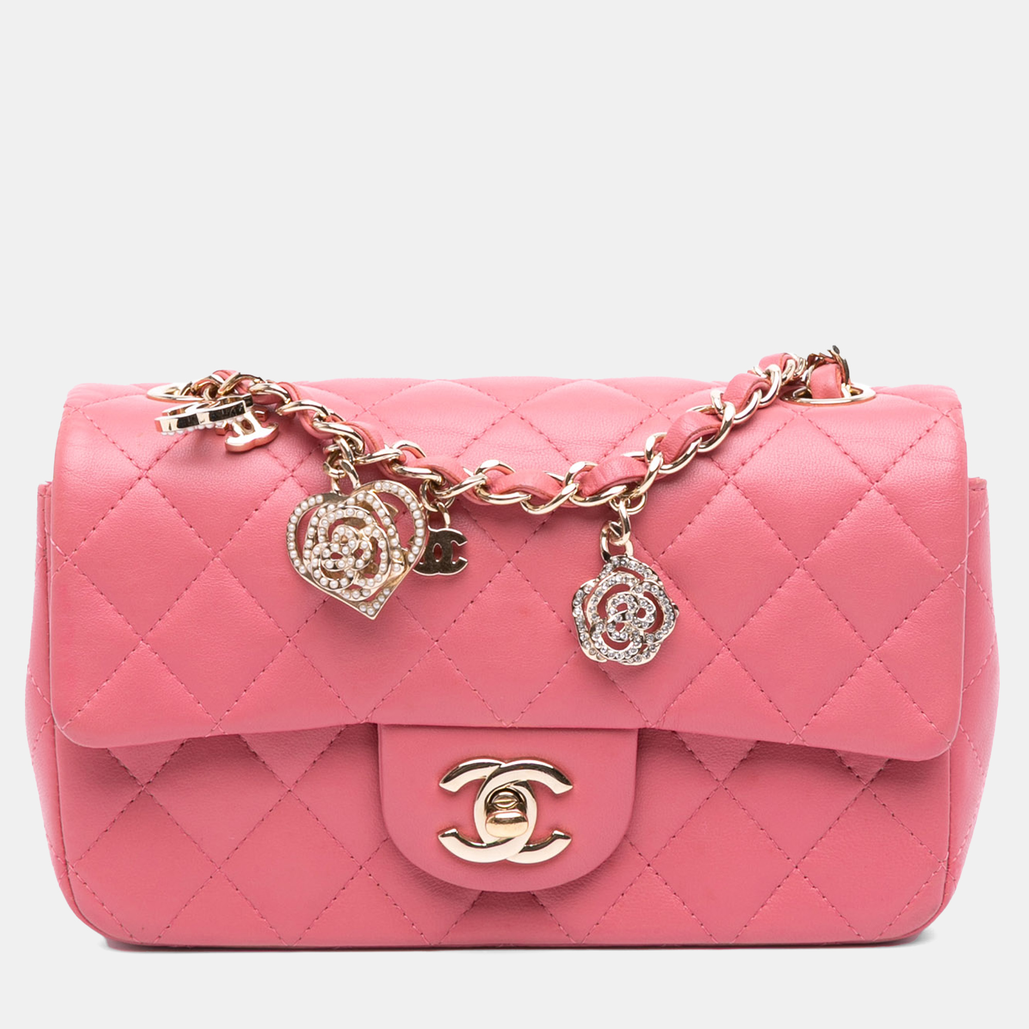 Pre-owned Chanel Pink Mini Rectangular Lambskin Valentine Heart Charms Single Flap Bag