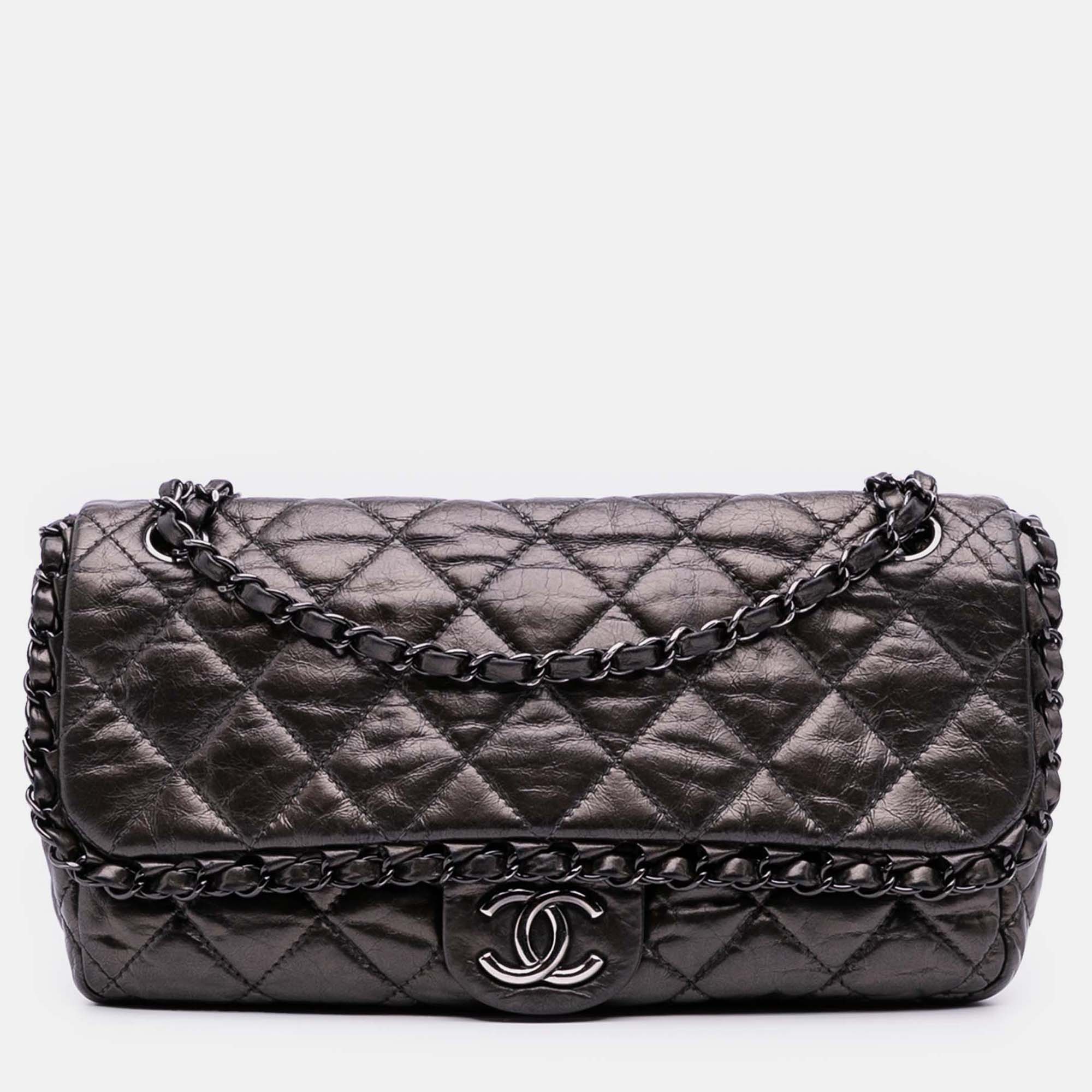

Chanel Grey Medium Quilted Metallic Aged Calfskin Chain Me Flap