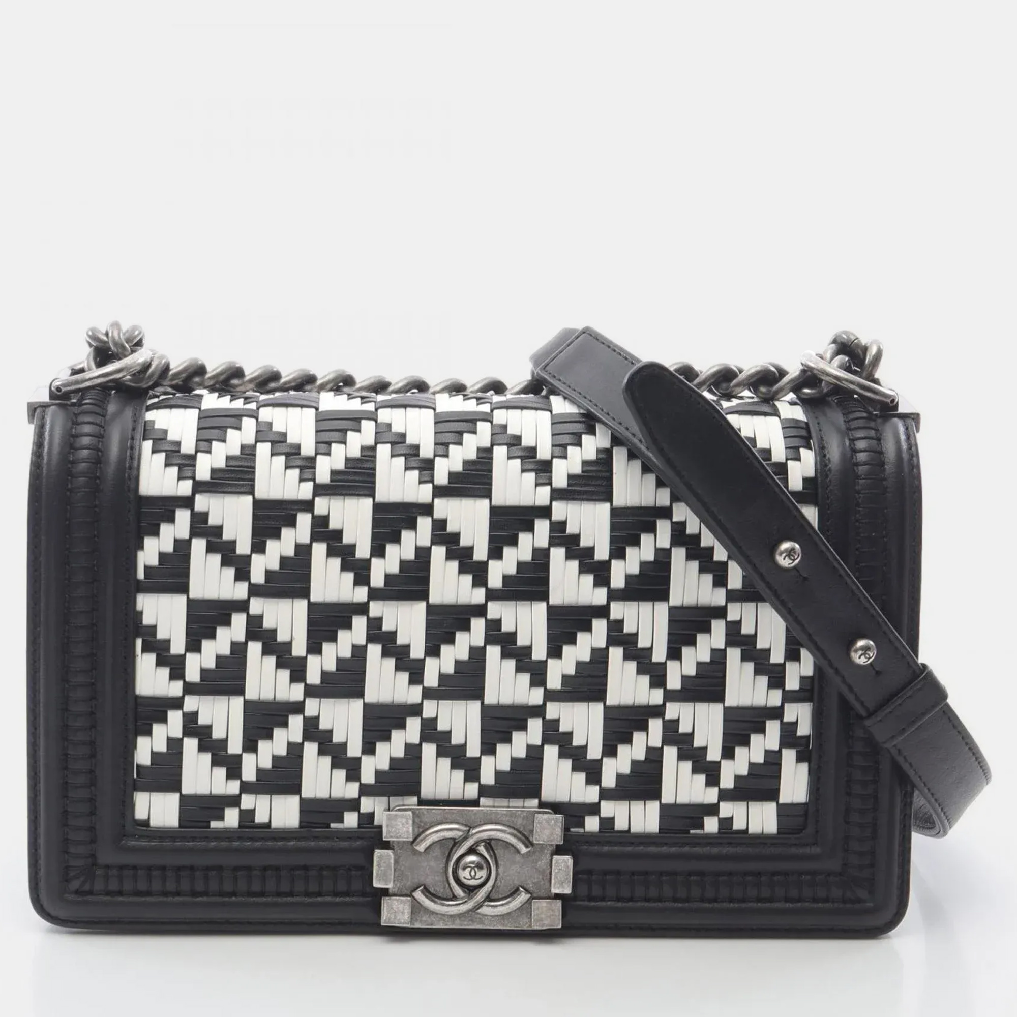

Chanel Boy Black White Lambskin Leather Shoulder Bag