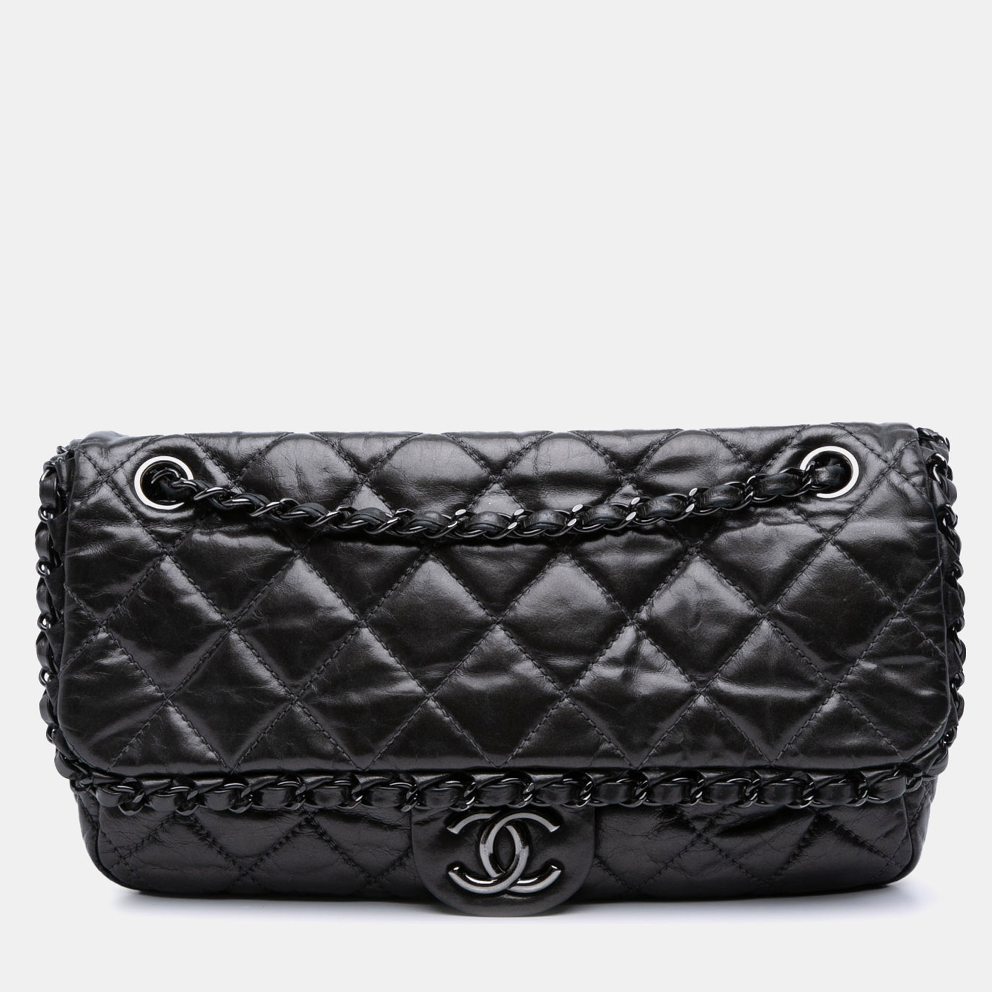 

Chanel Grey Medium Quilted Metallic Aged Calfskin Chain Me Flap