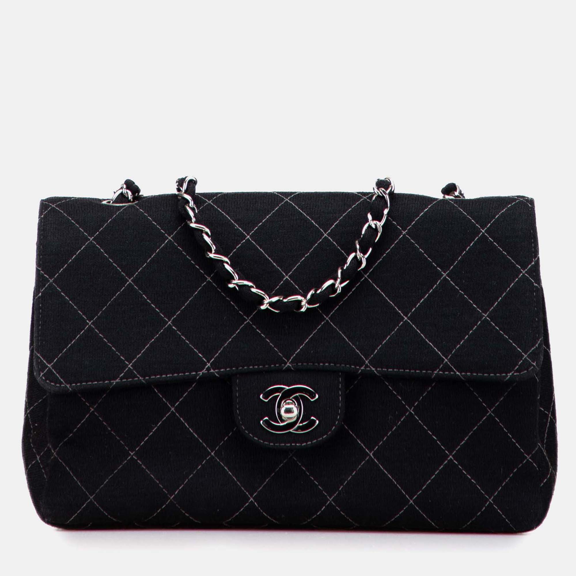 

Chanel Black Medium Quilted Jersey Single Flap