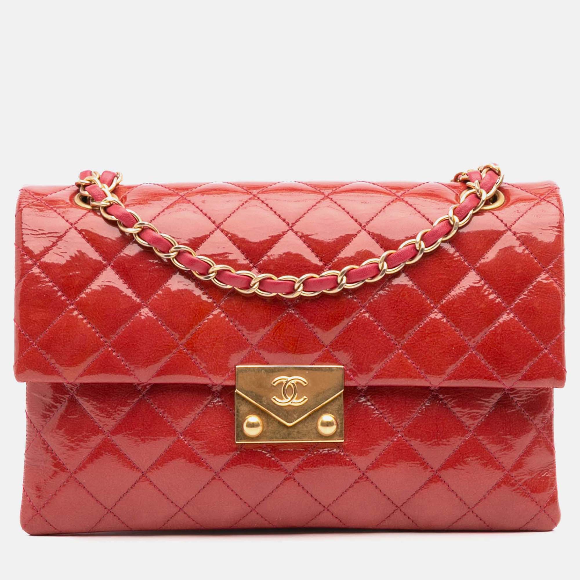 

Chanel Red Quilted Patent Goatskin Pagoda Accordion Flap