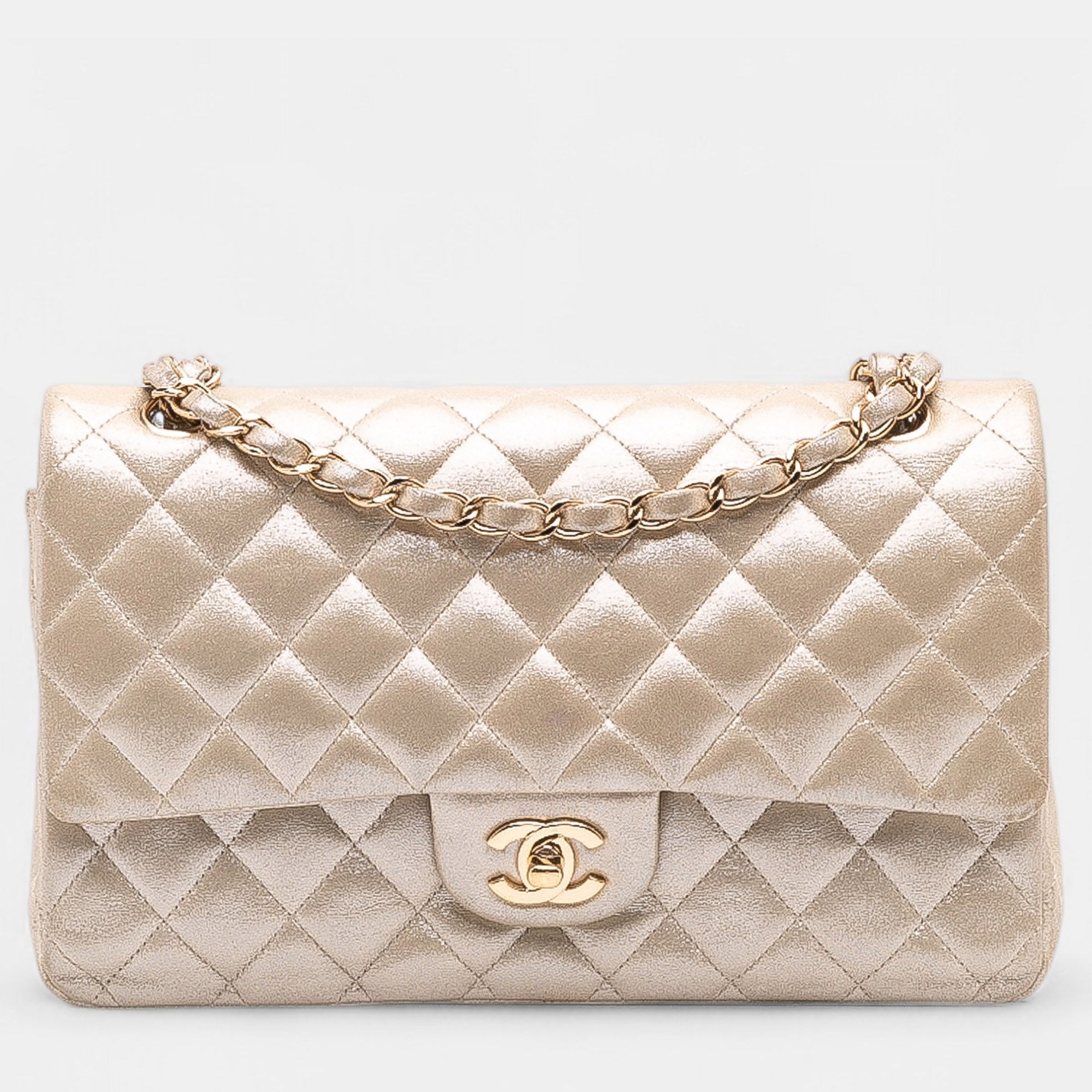 

Chanel Gold Medium Classic Iridescent Lambskin Double Flap