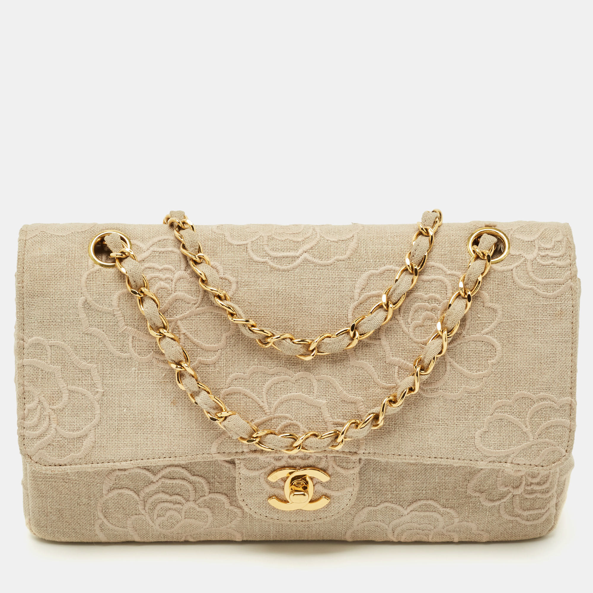 

Chanel Beige Camellia Embroidered Canvas Medium Classic Double Flap bag