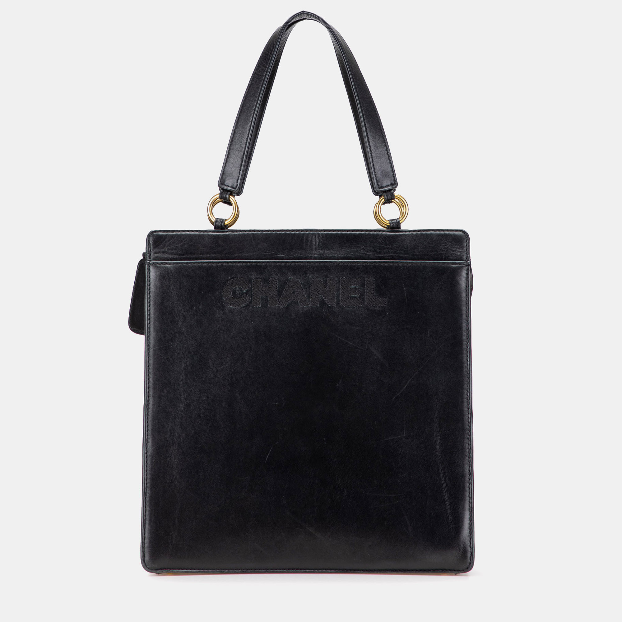 Pre-owned Chanel Black Lambskin Embroidered Logo Tote
