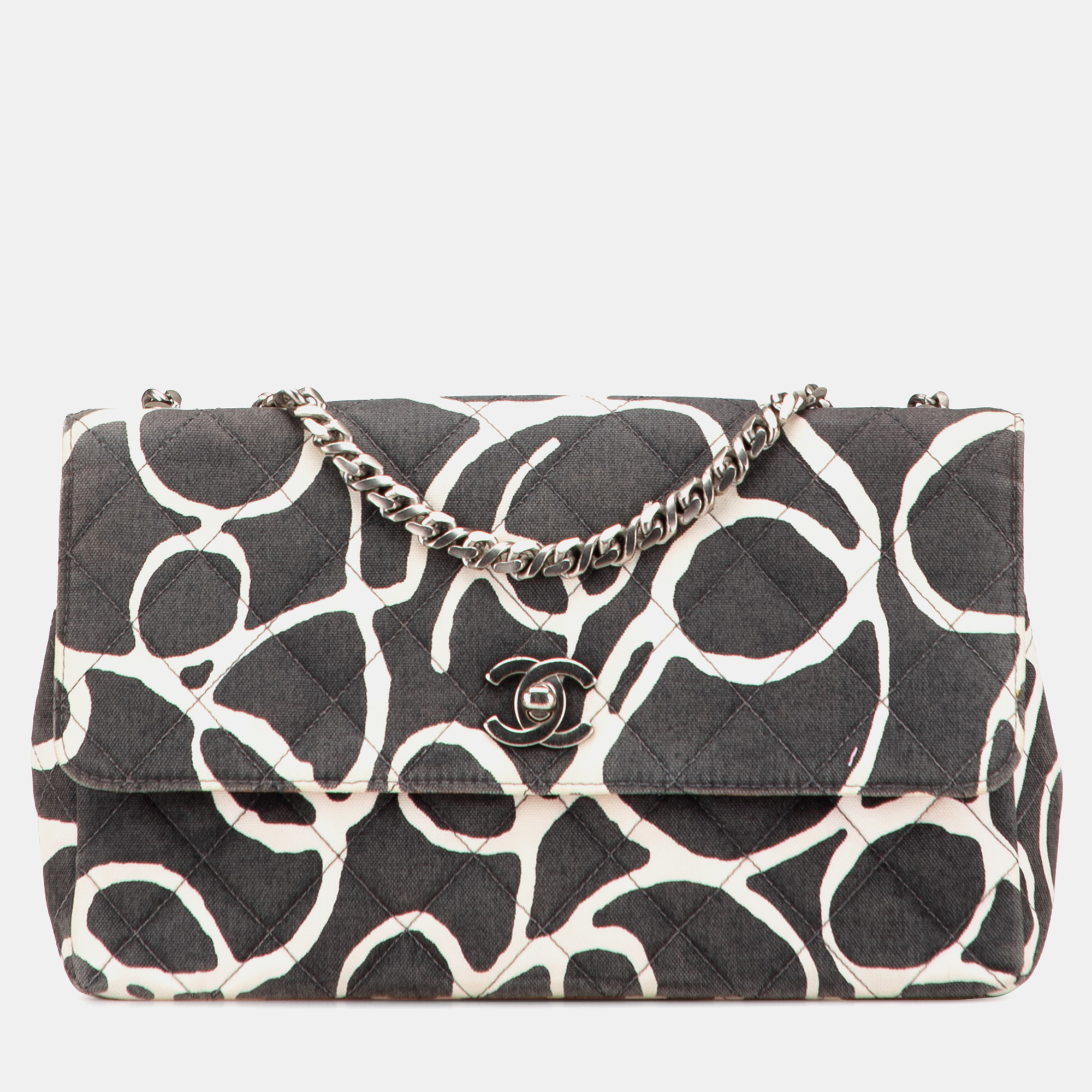 

Chanel Black White Medium CC Quilted Printed Canvas Single Flap Bag