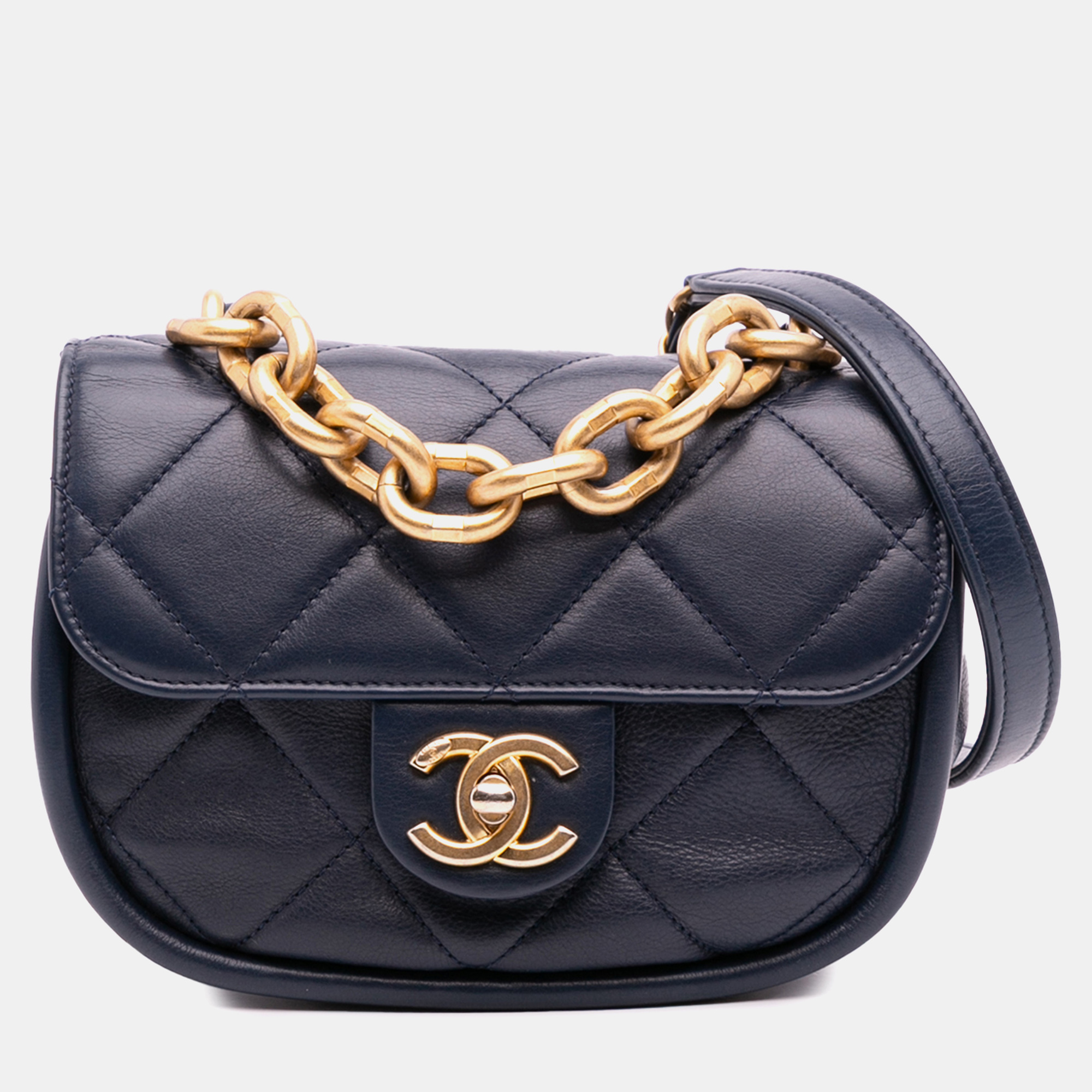 

Chanel Navy Blue Mini CC Quilted Calfskin Round Moon Messenger Flap Bag