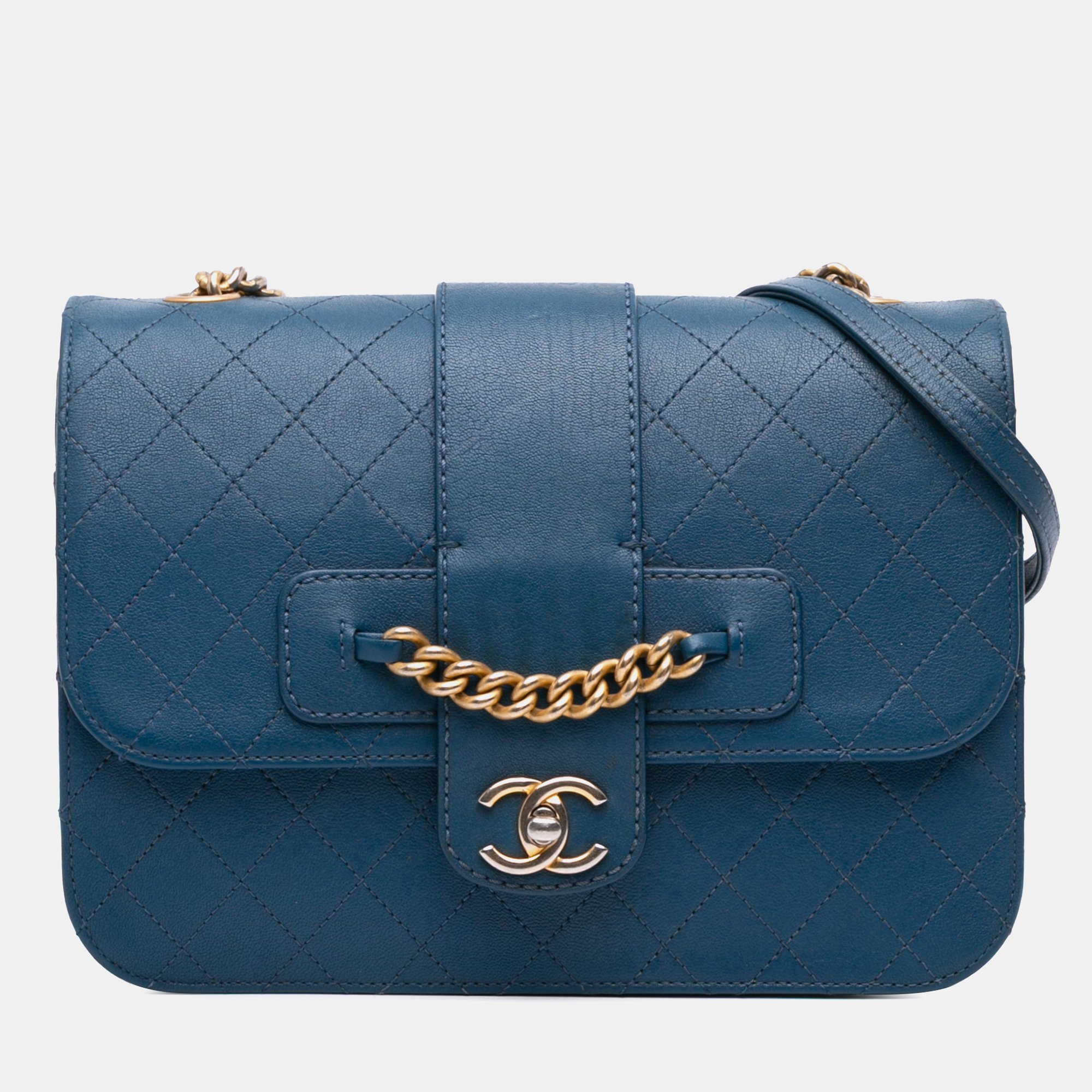 

Chanel Blue Large Quilted Sheepskin Front Chain Flap