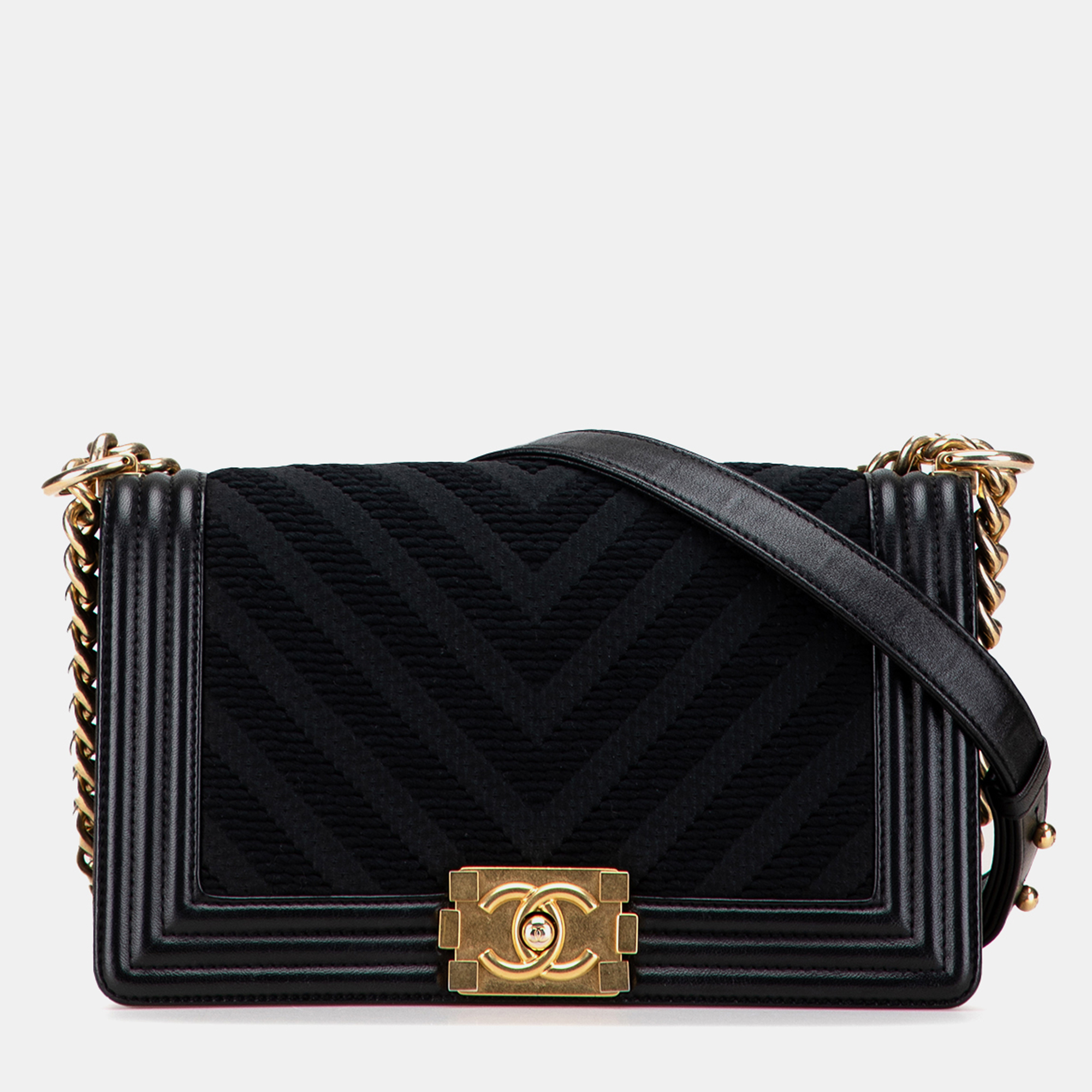 Pre-owned Chanel Black Old Medium Braided Chevron Cotton And Lambskin Boy Flap