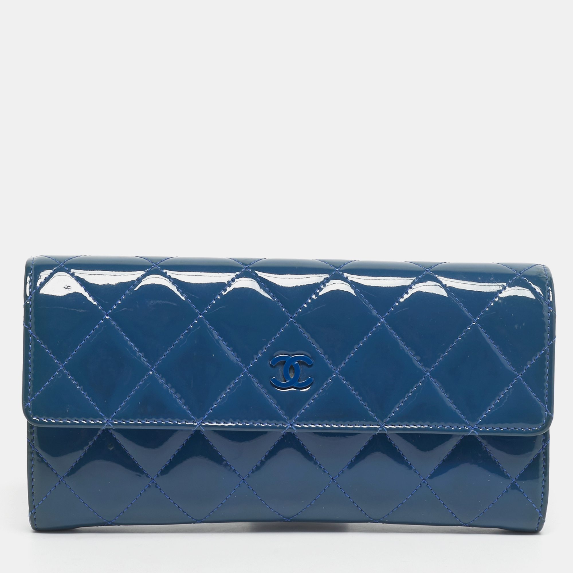 

Chanel Blue Quilted Patent Leather CC Flap Long Wallet