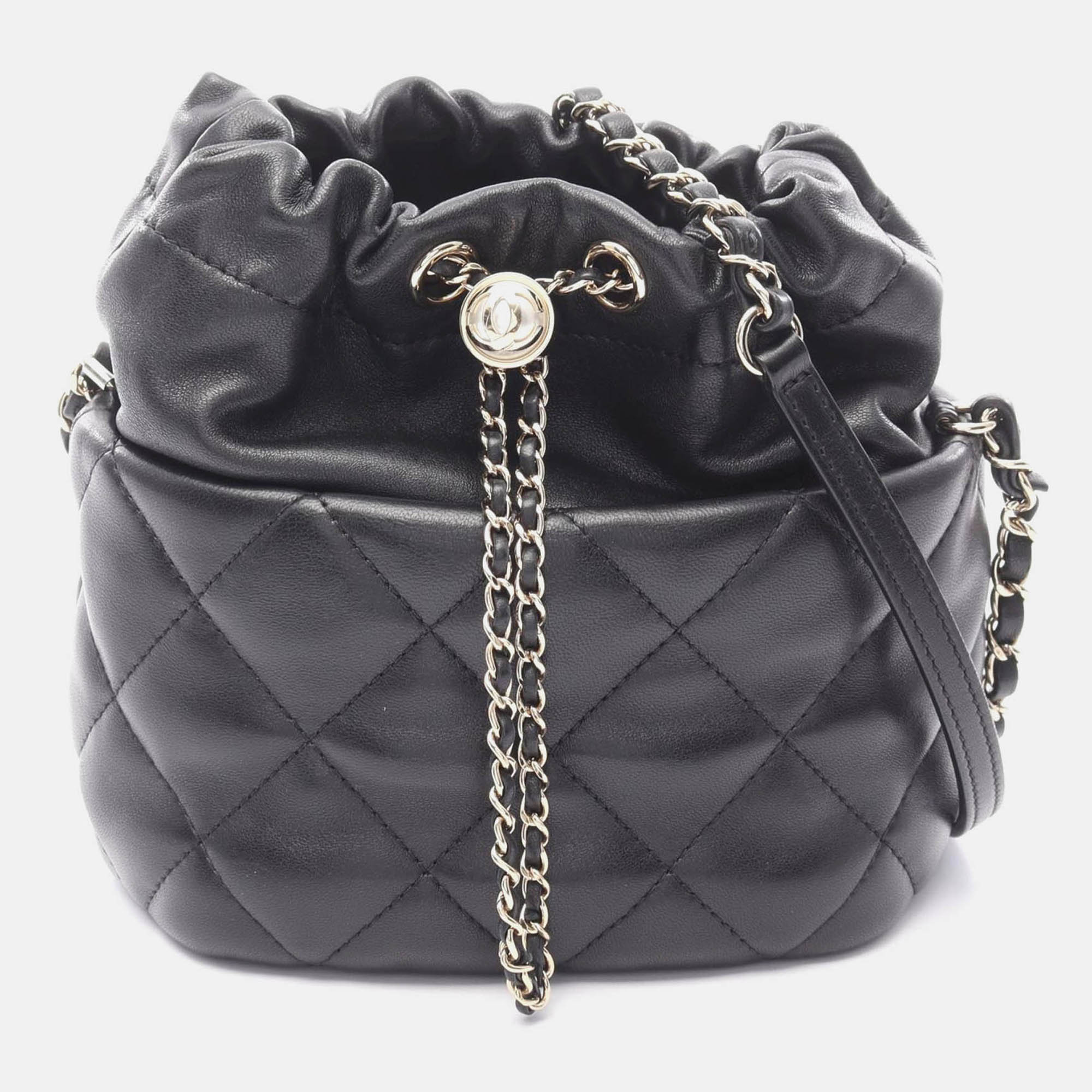 

Chanel Matelassé Mini Bucket Coco CC Black Leather Chain Shoulder Bag