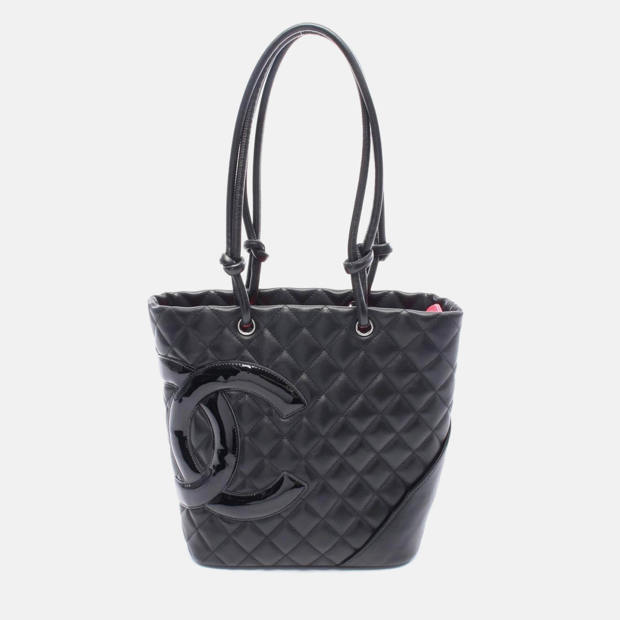 Pre-owned Chanel Cambon Line Small Coco Cc Black Patent Leather Chain Tote Bag