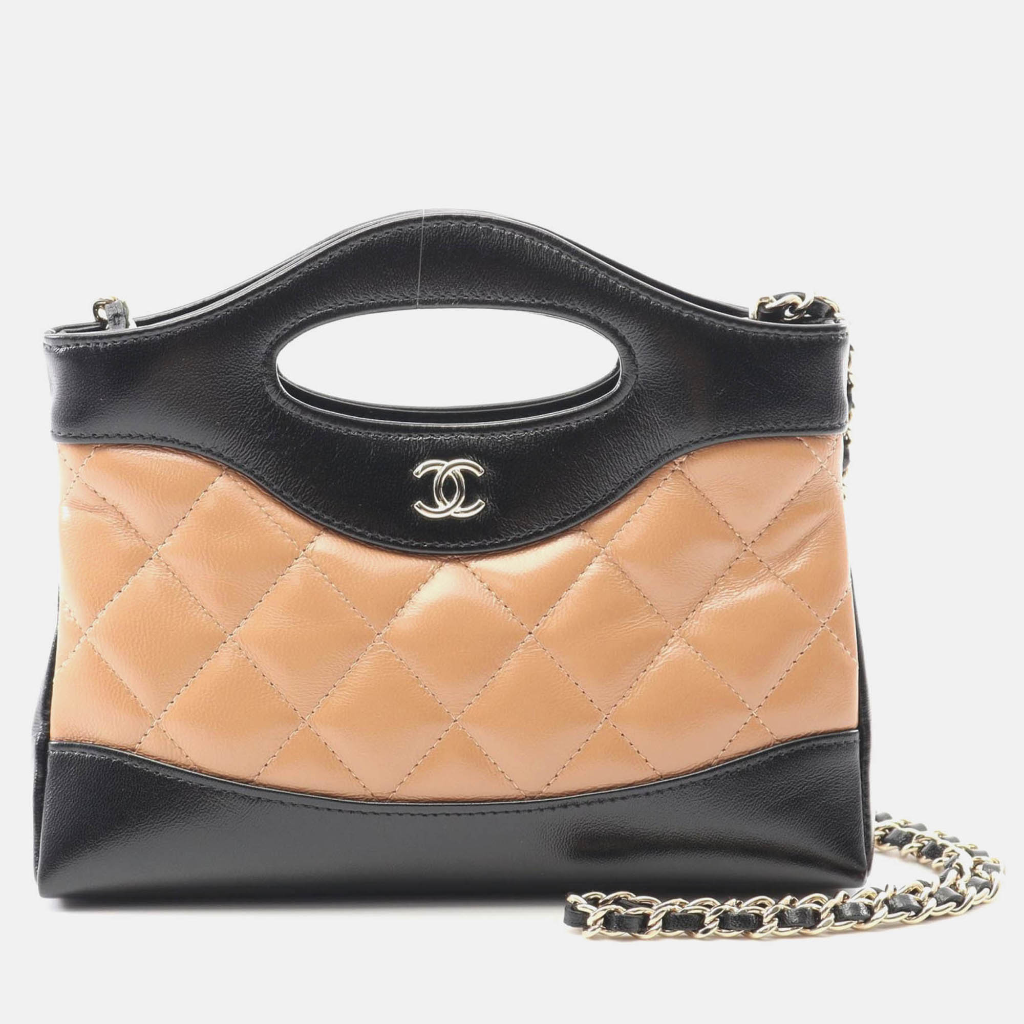 Pre-owned Chanel 31 Nano 2way Chain Shoulder Handbag Leather Black Beige Ghw In Sand