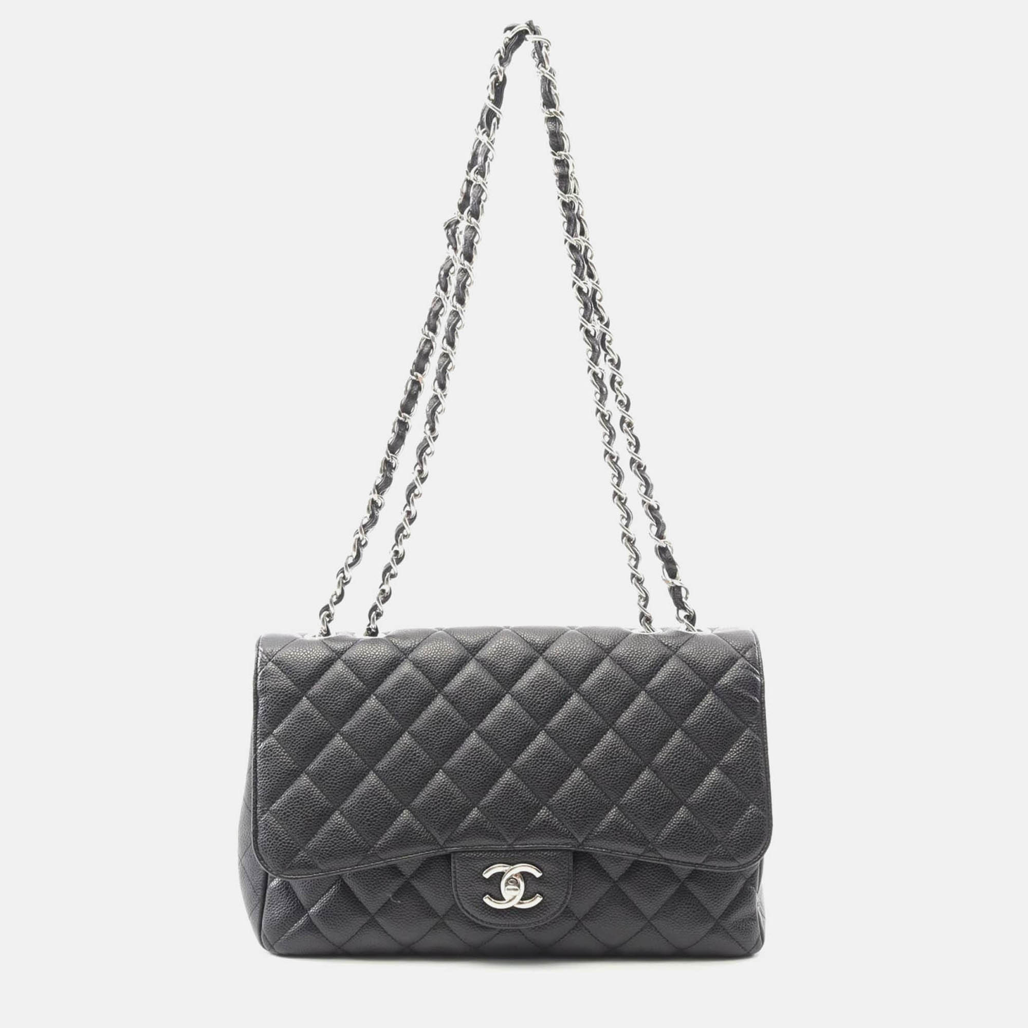 

Chanel Jumbo Matelasse 30 Double Flap Chain Shoulder Bag Calfskin Blk, Black