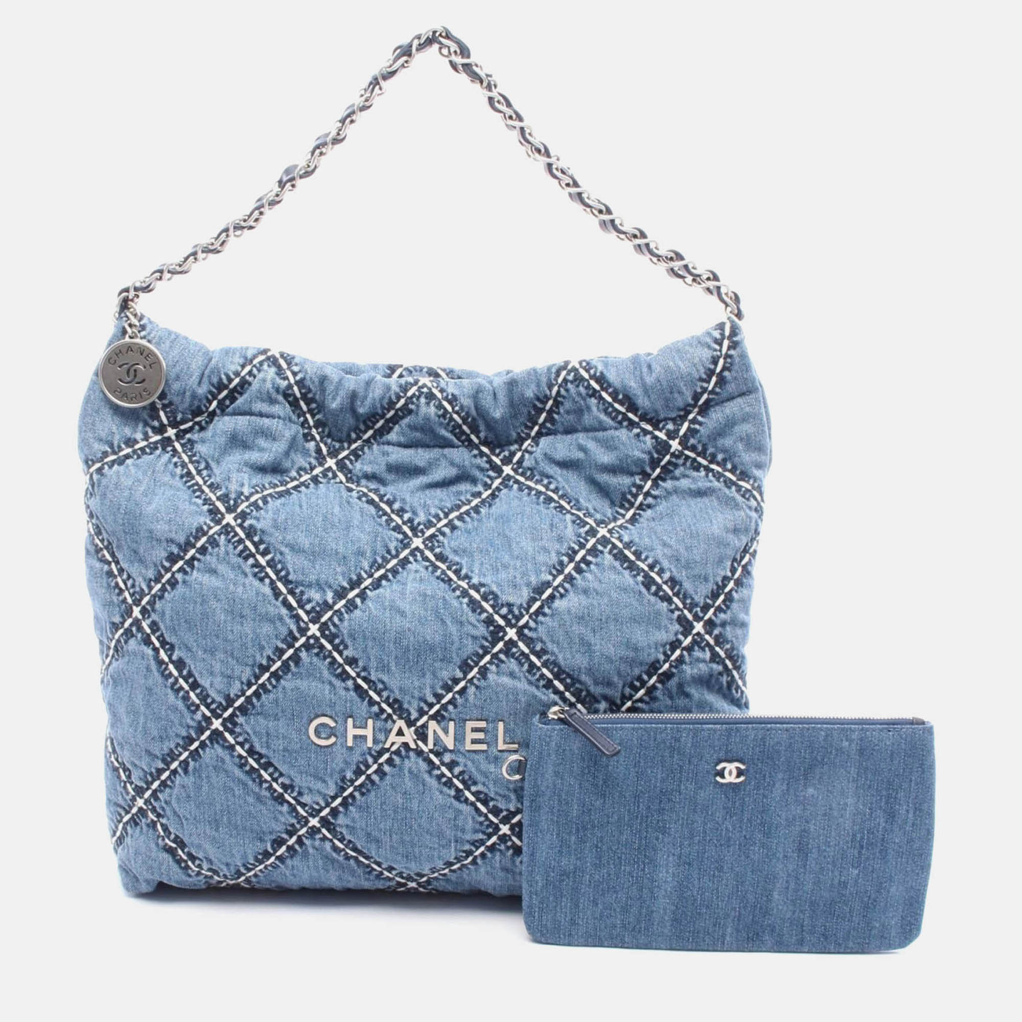 

Chanel 22 Chain Shoulder Tote Bag Denim Leather Navy, Navy blue