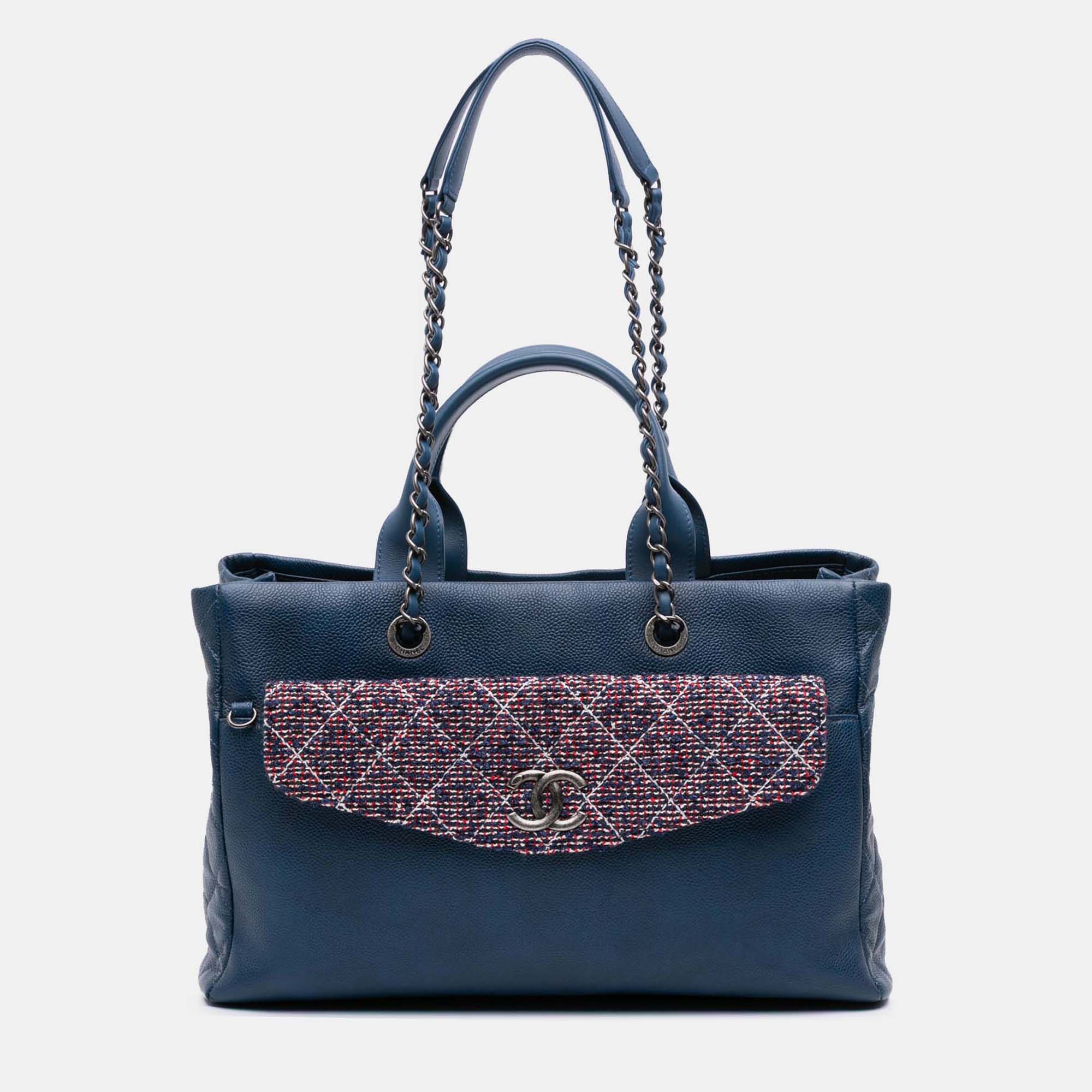 Pre-owned Chanel Burgundy Large Caviar And Tweed Coco Break Shopping Tote