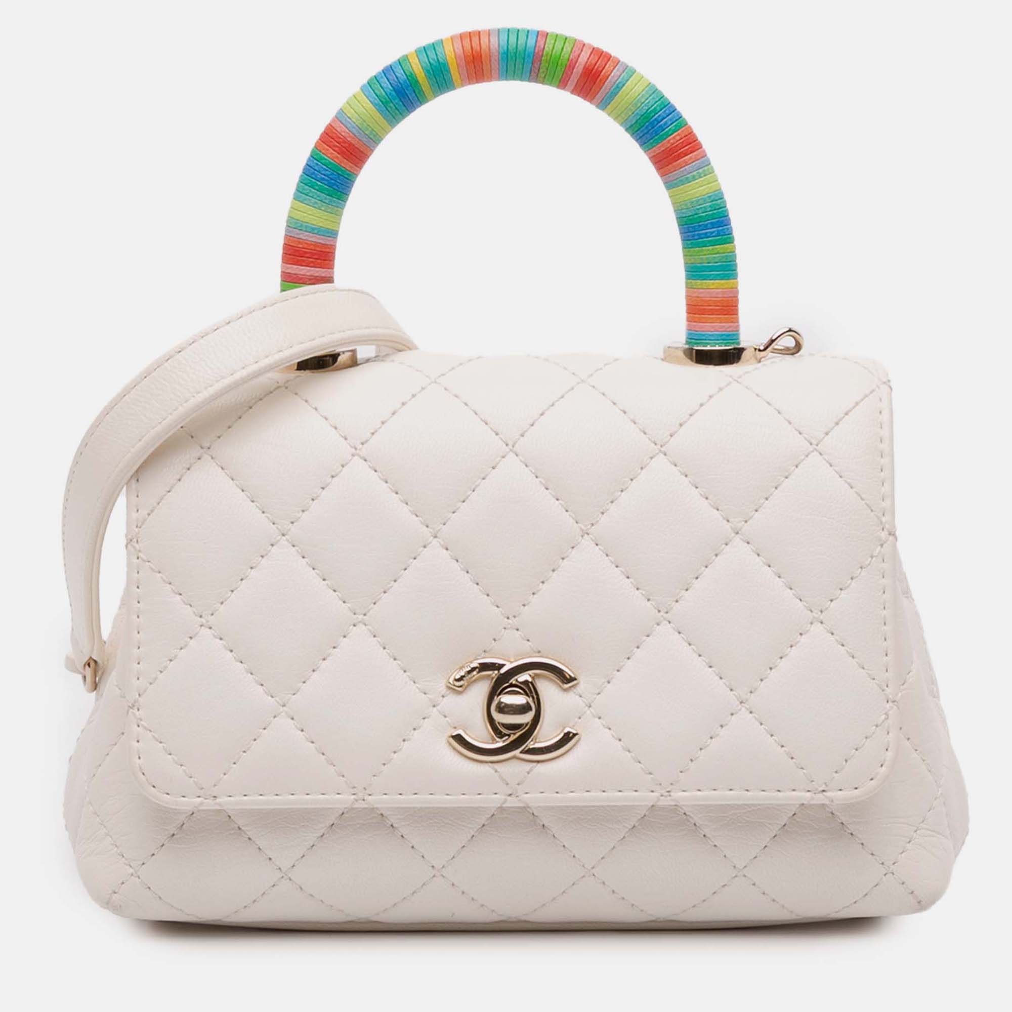 

Chanel White Extra Mini Quilted Goatskin Rainbow Top Handle Flap, Multicolor