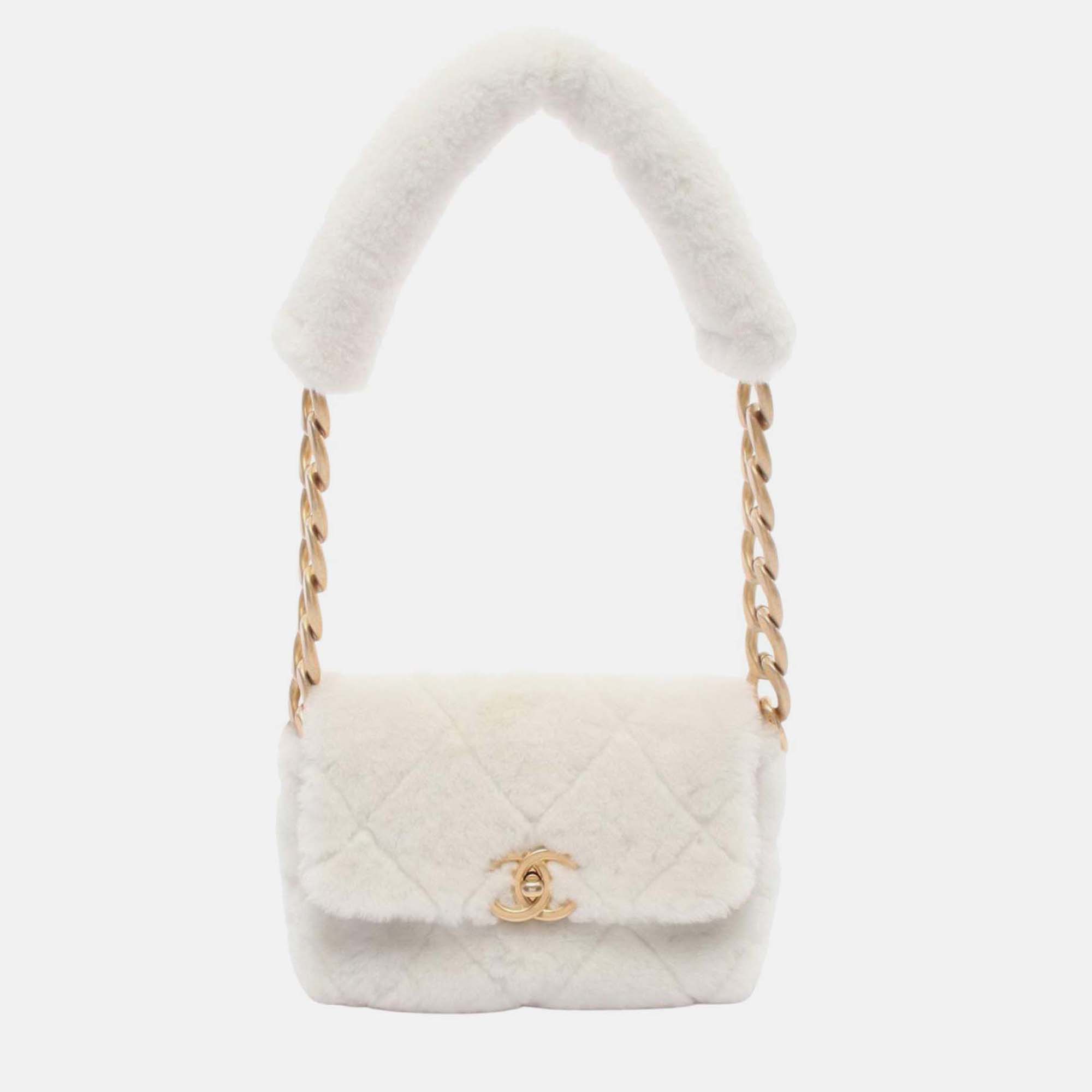 

Chanel White CC Quilted Shearling Padded Chain Flap