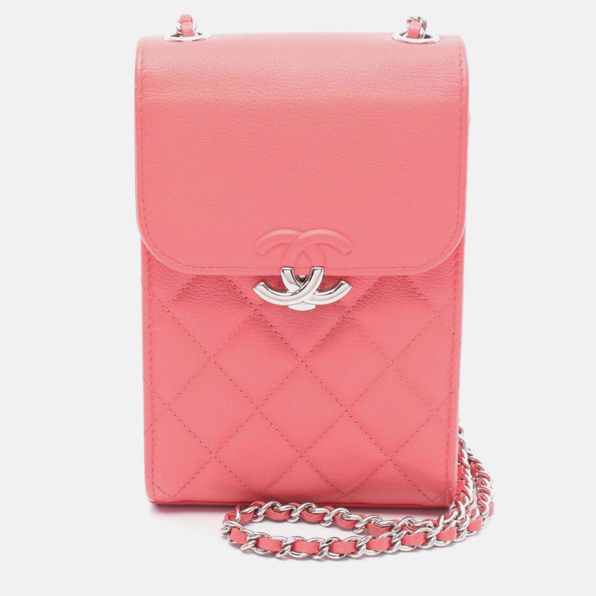 

Chanel Pink CC Quilted Caviar Phone Holder with Chain