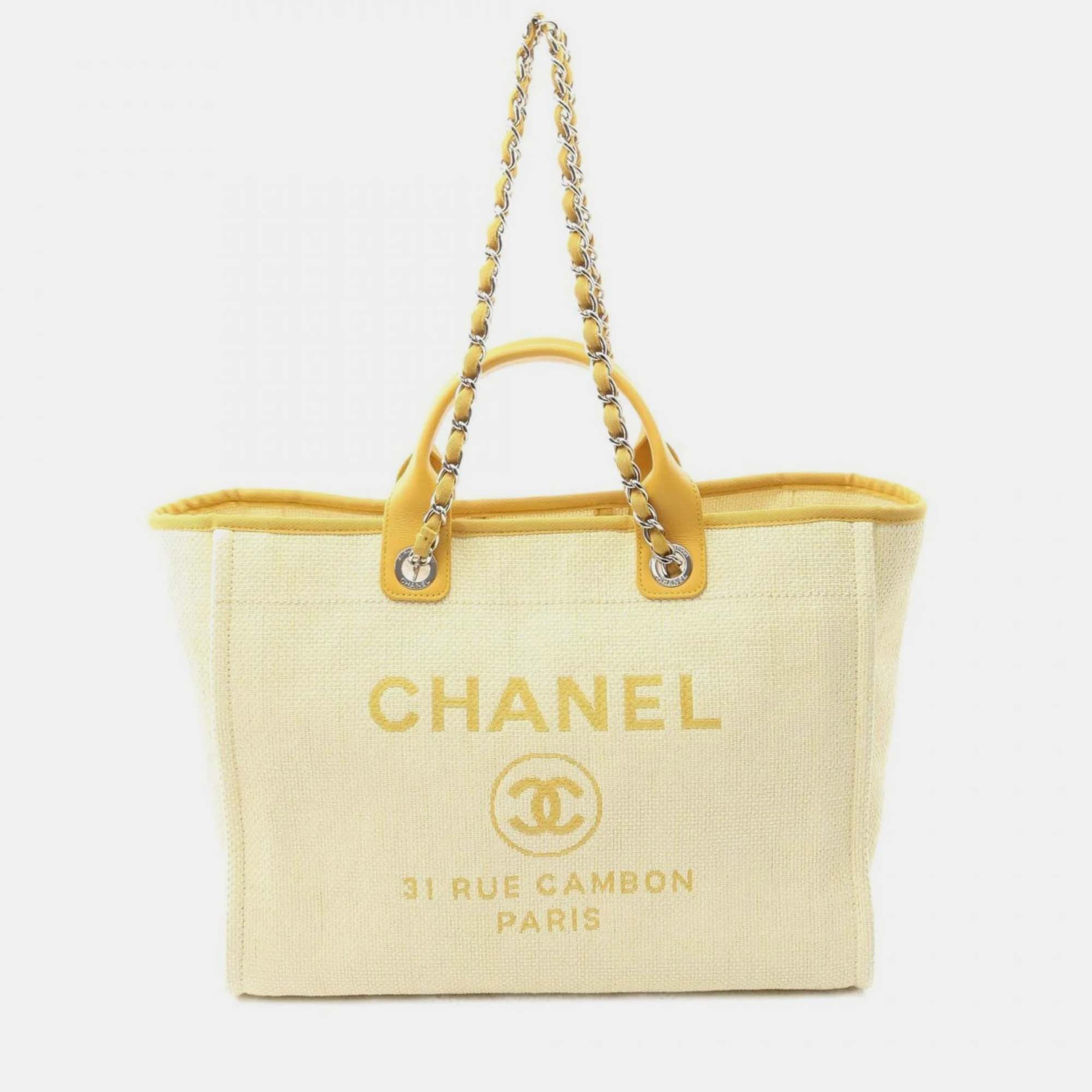 

Chanel Deauville Ivory Yellow Leather Raffia Tote Bag, Cream