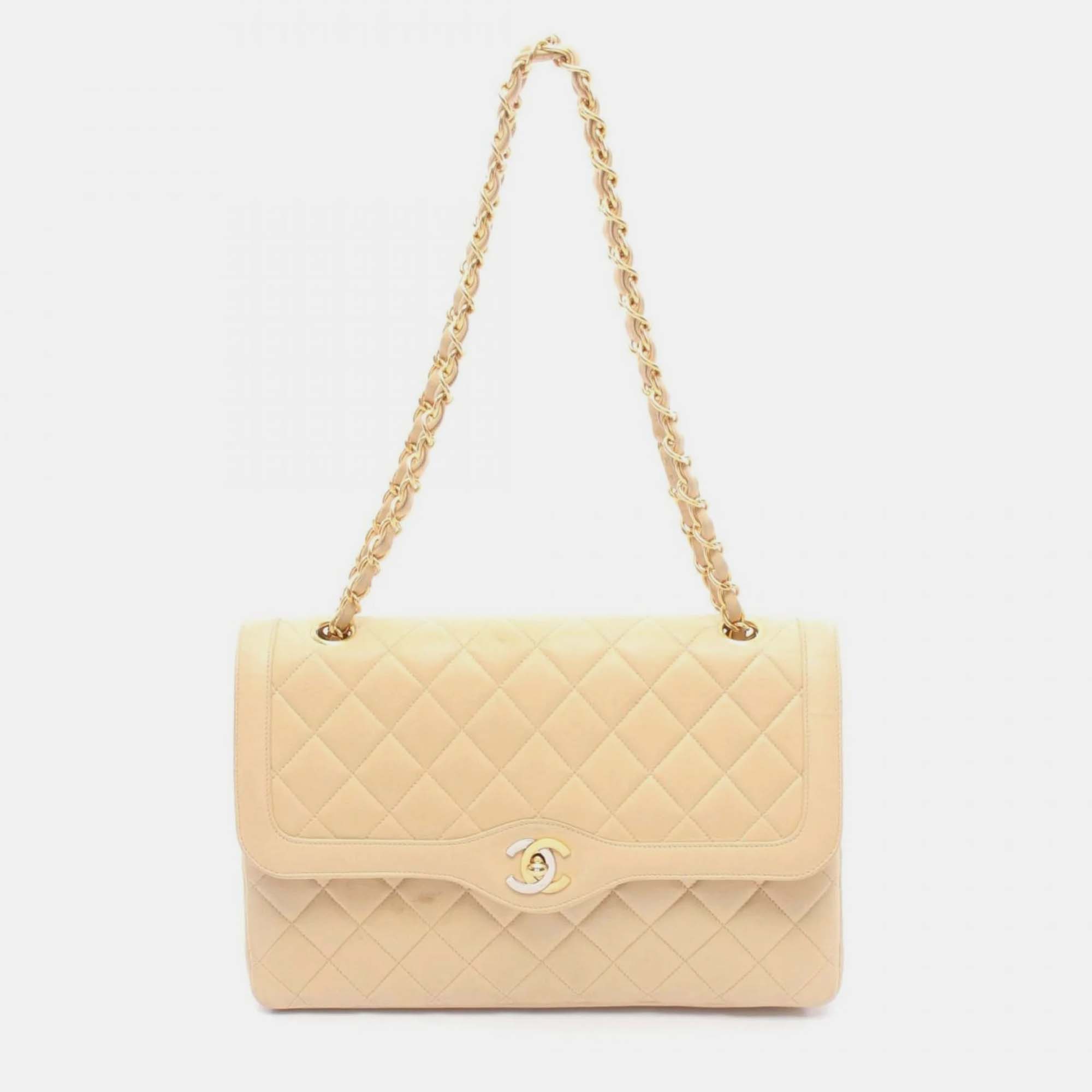 

Chanel Matelasse Paris Limited Edition Double Flap Shoulder Bag Beige Lambskin