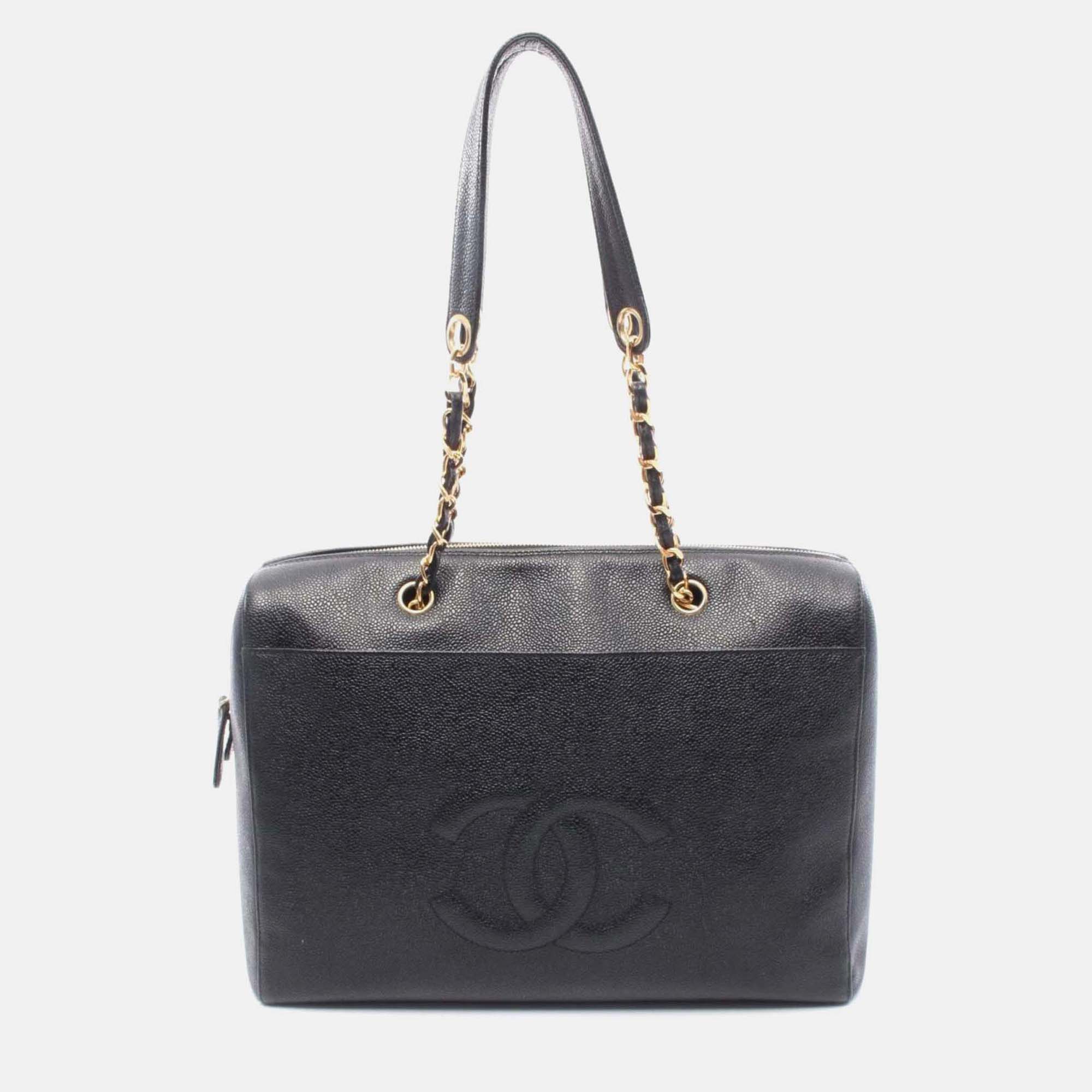 Pre-owned Chanel Deka Coco Mark Shoulder Bag Calfskin Leather Black