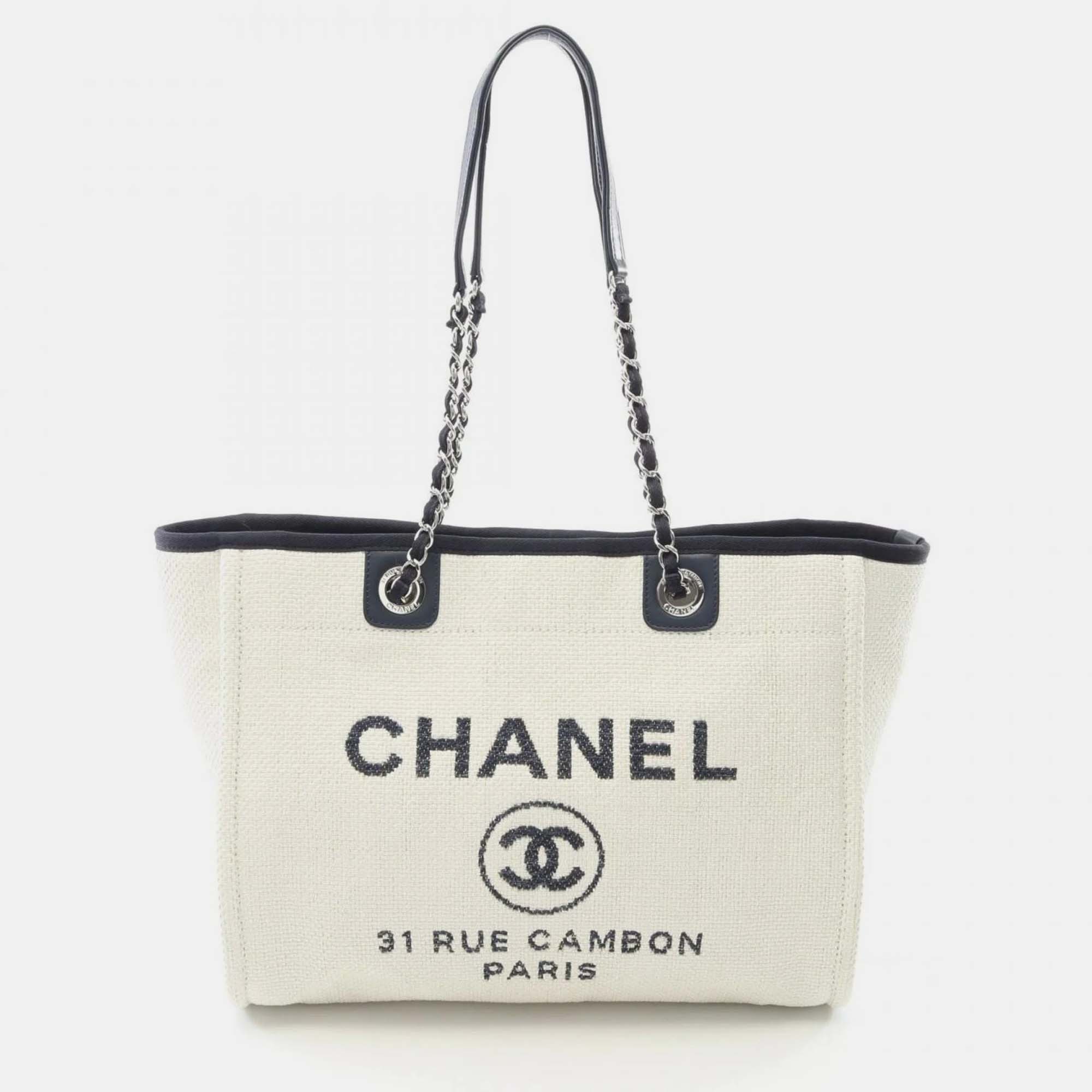 

Chanel Deauville White/Navy Leather & Straw Tote, Navy blue