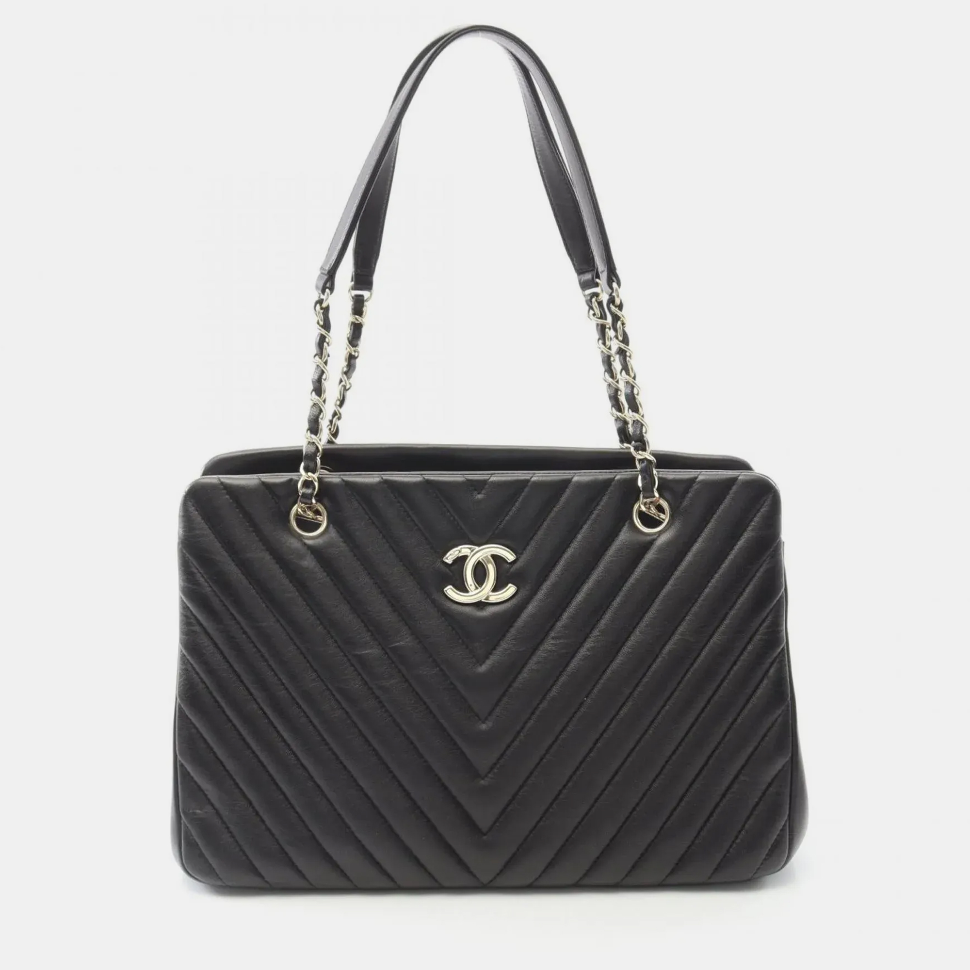 

Chanel Chevron V-Stitch Black Lambskin Leather Tote Bag