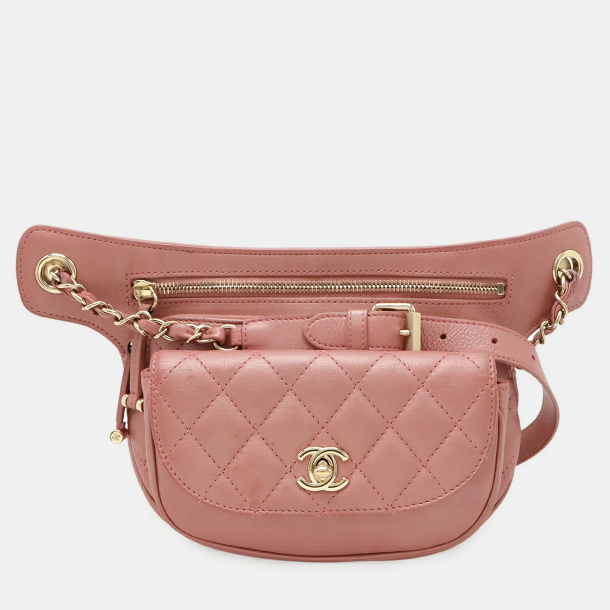 Chanel Matelasse Coco Mark Belt Bag Body Chain Shoulder Leather Pink