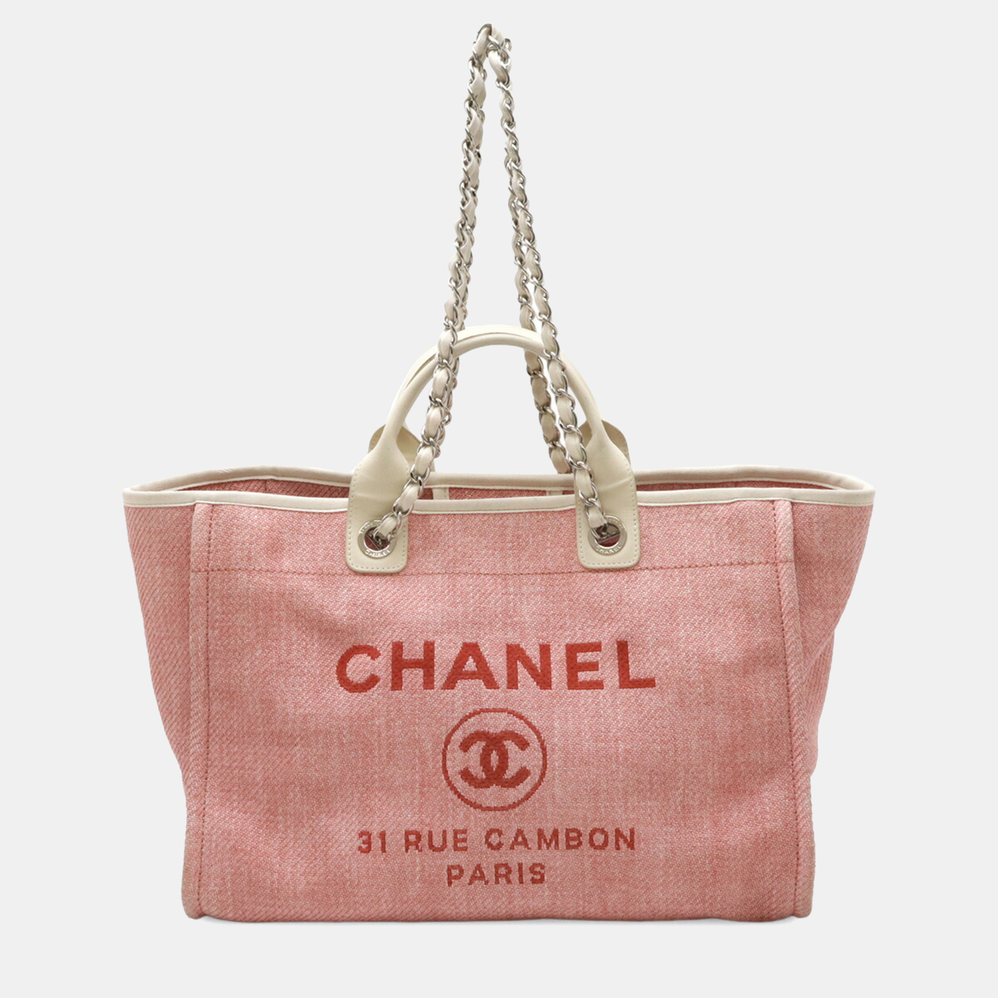 

Chanel Deauville Tote Gm Bag Chain Shoulder Canvas Leather Pink White