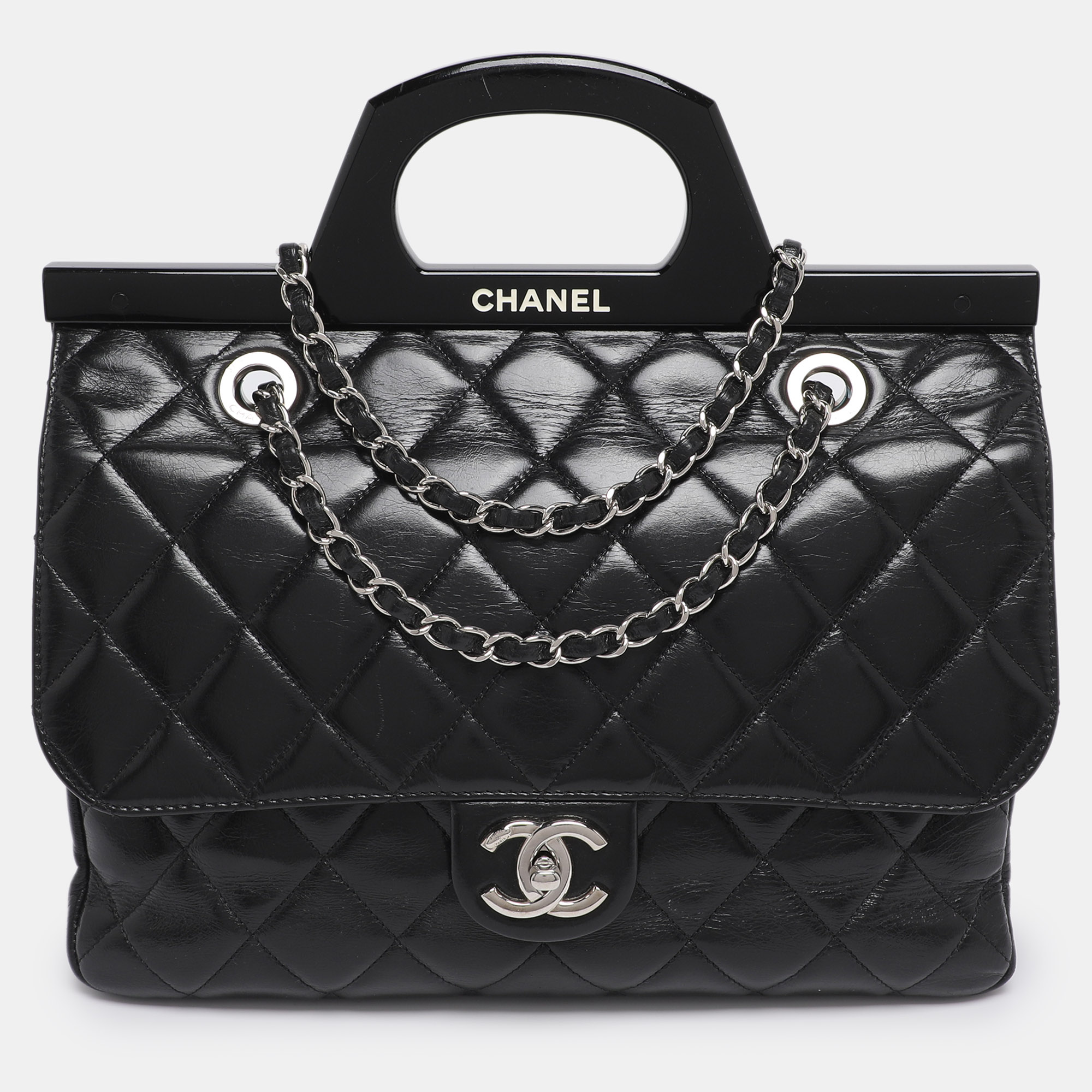 

Chanel Black Quilted Glazed Leather Small CC Delivery Bag