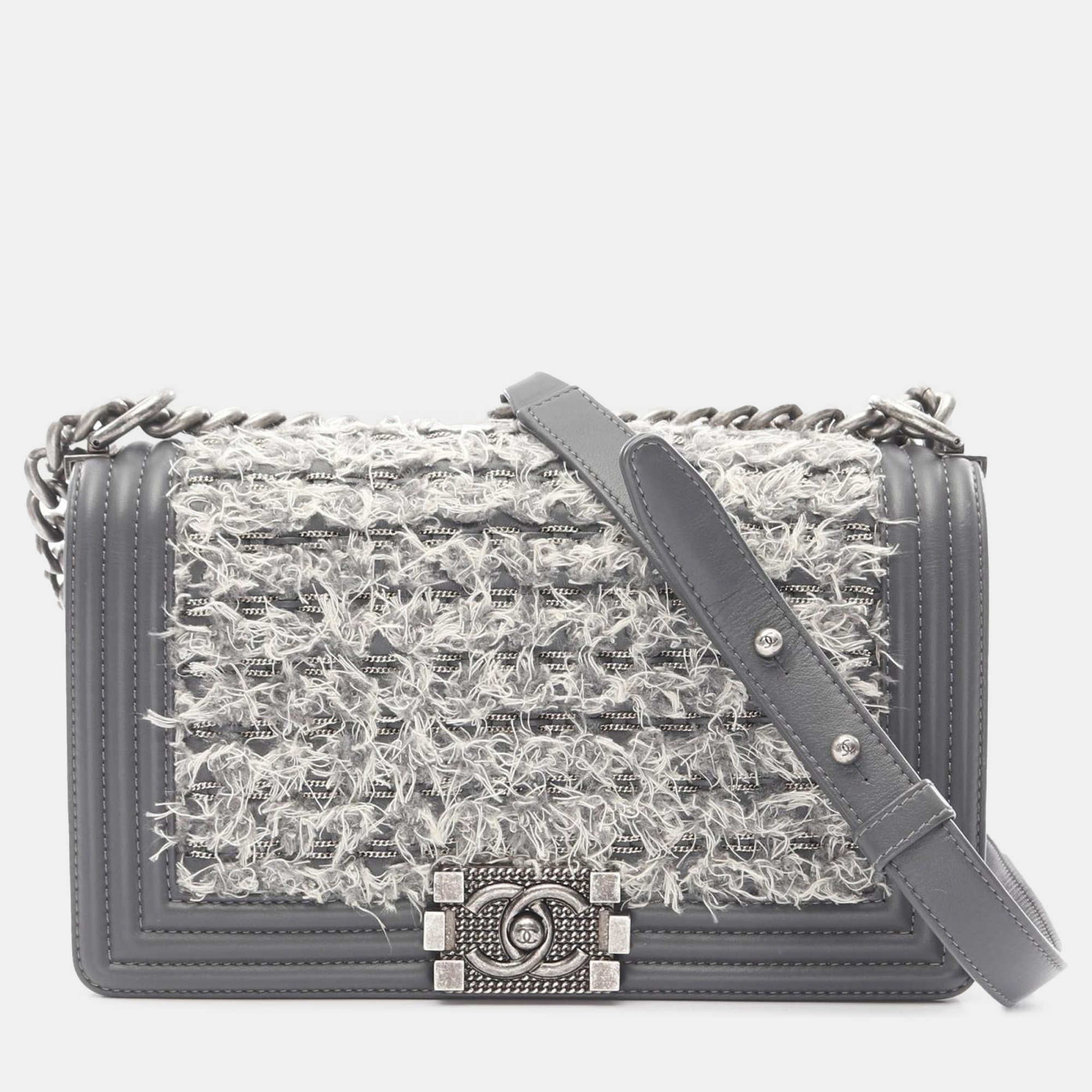 

Chanel Grey Old Medium Braided Tweed and Calfskin Boy Flap