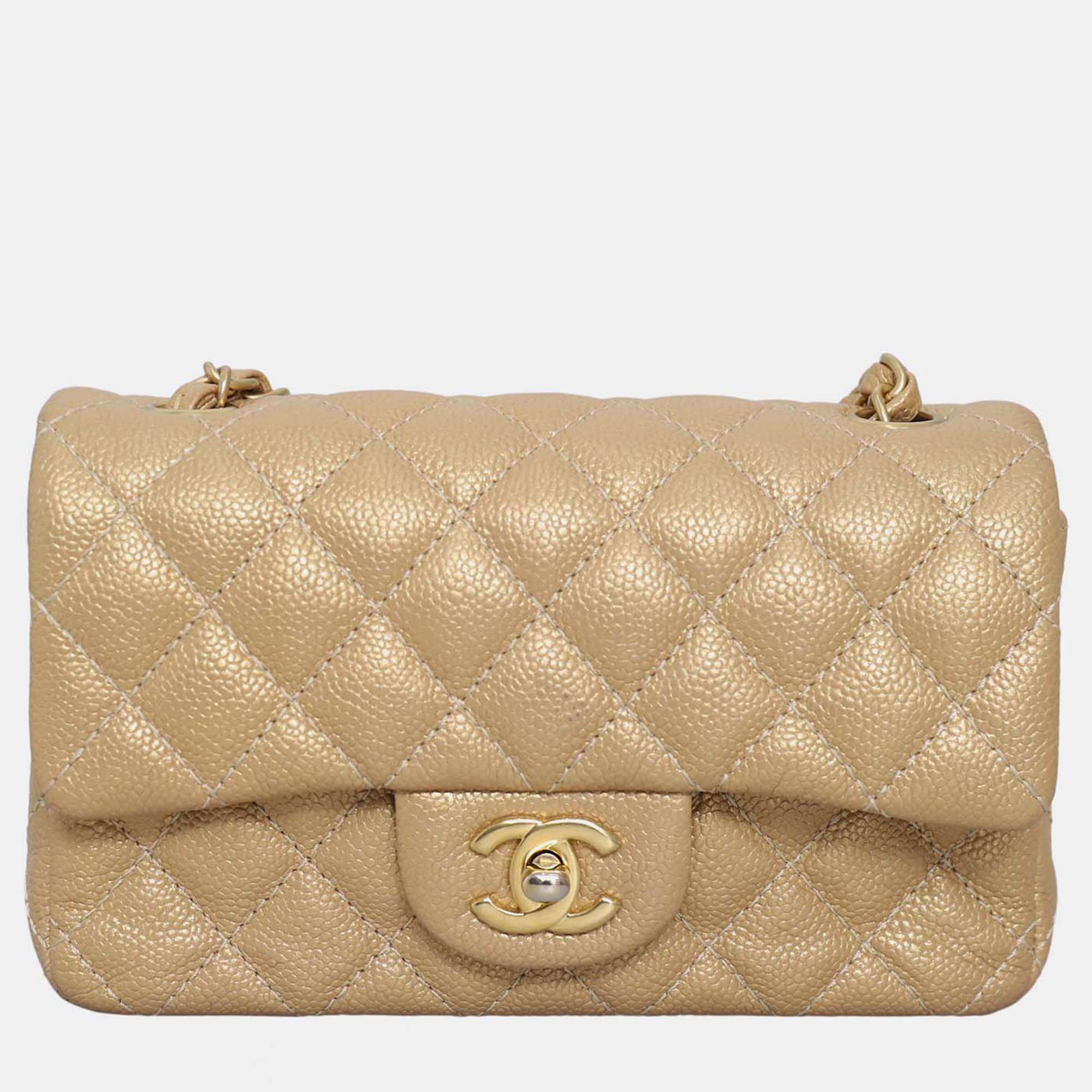 Pre-owned Chanel Iridescent Gold Caviar Classic Mini Rectangle Flap Bag