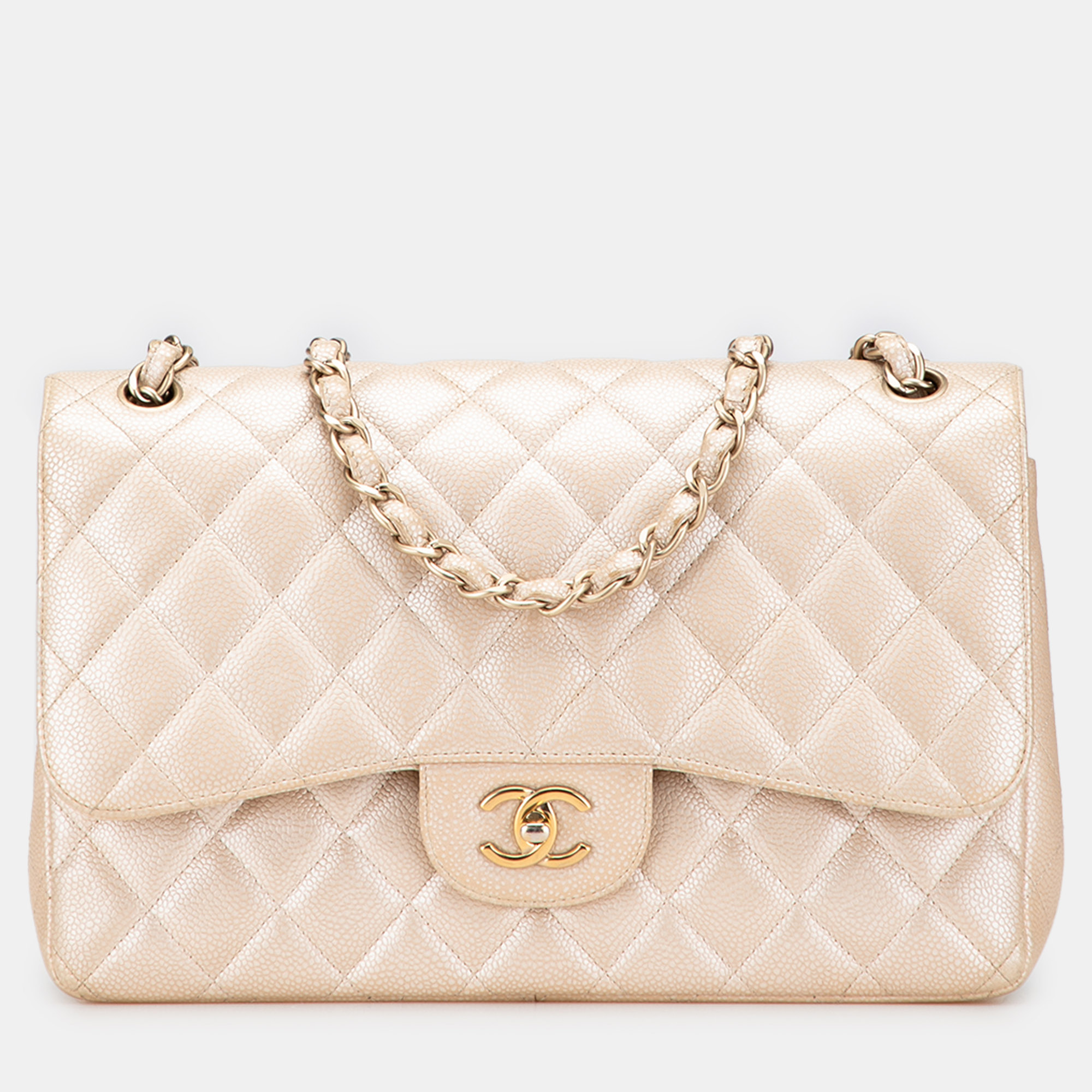 

Chanel Gold Jumbo Classic Iridescent Caviar Double Flap