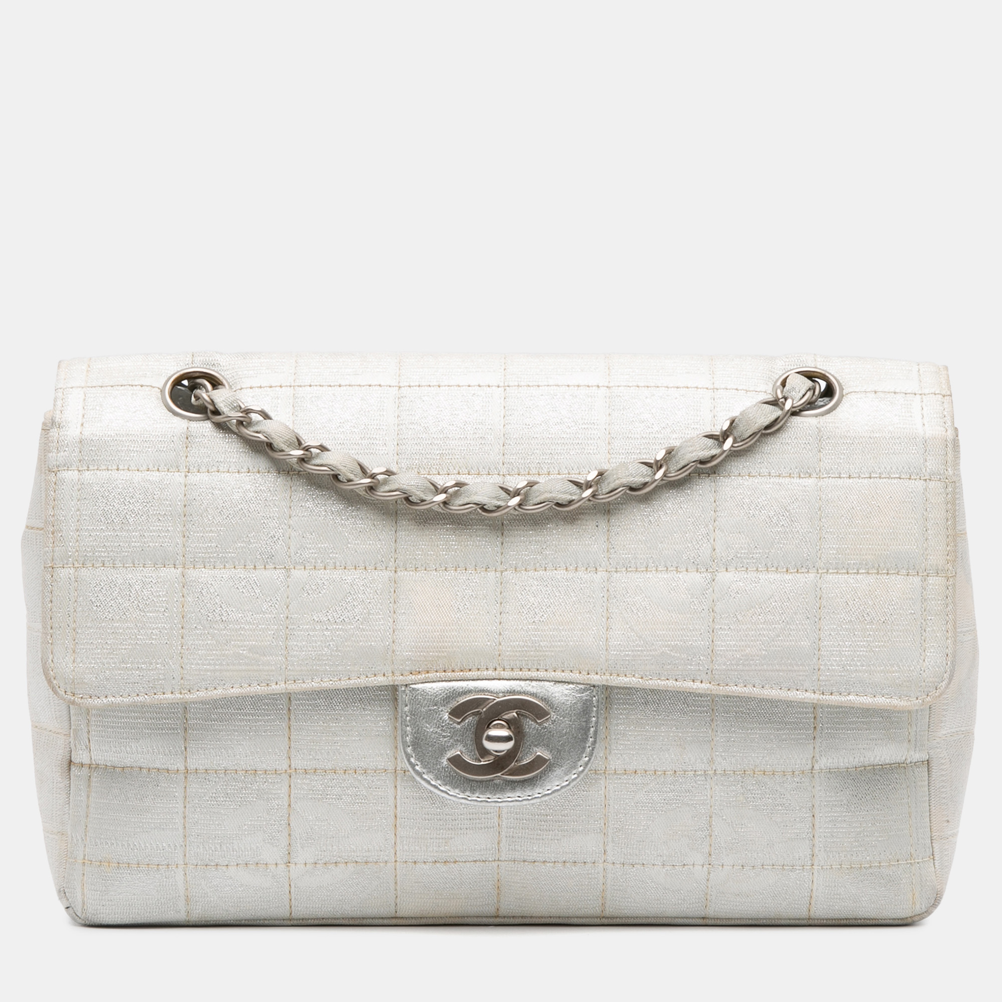 

Chanel Silver New Travel Line Medium Metallic Nylon Single Flap